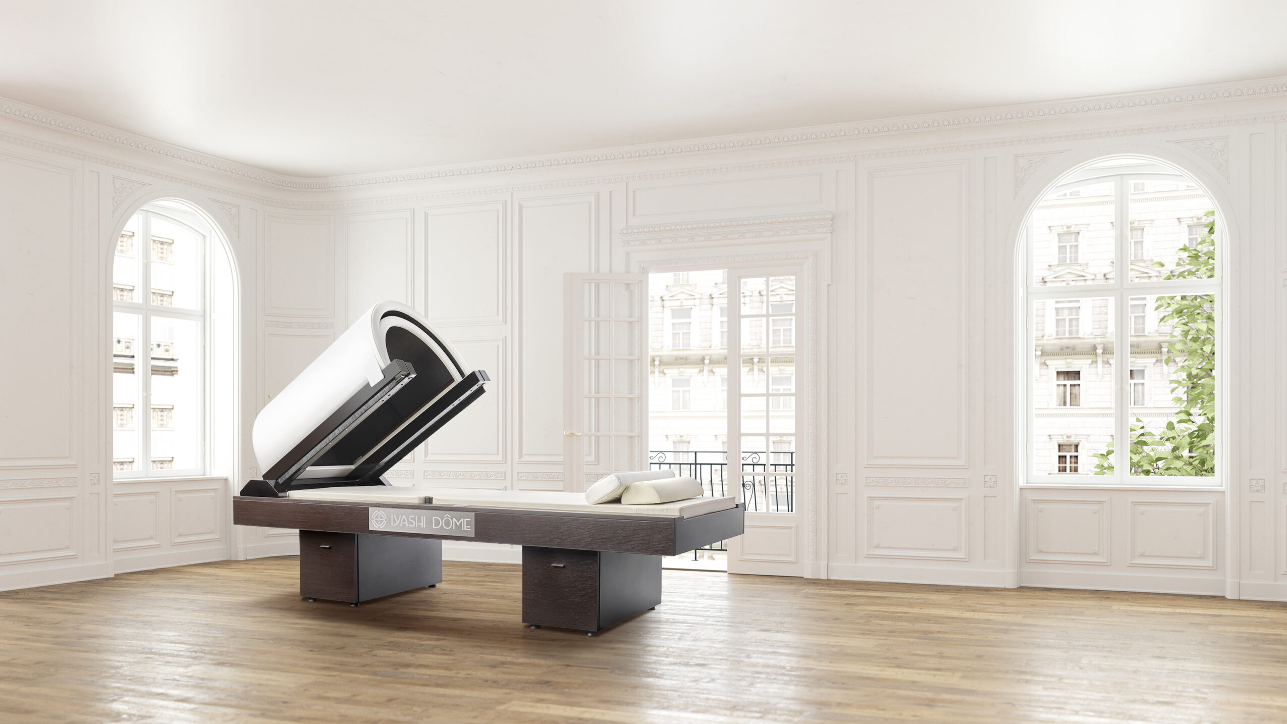 Empty room with large windows, white walls, and a black and white piano on a wooden floor.