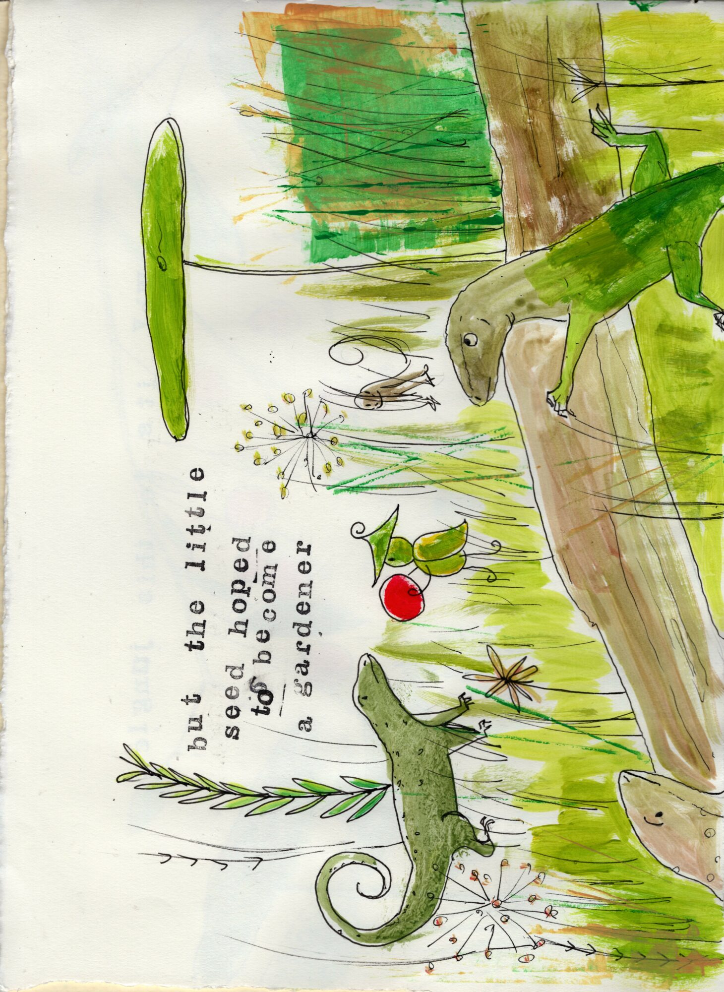 Hand-drawn scene with chameleons, plants, and a tree, featuring a quote about the universe and hope, in watercolor style.