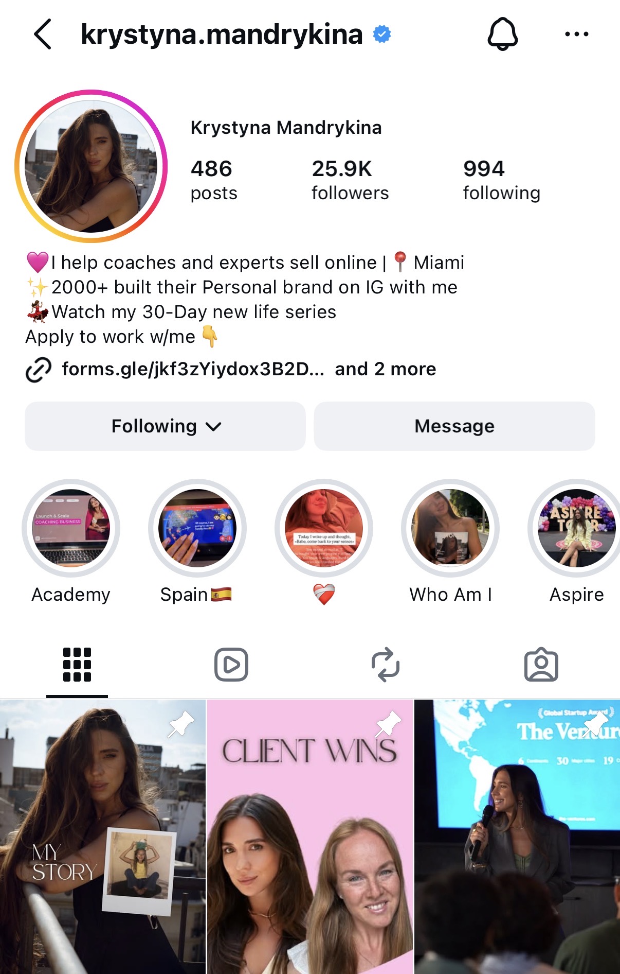 Instagram profile page of Krystyna Mandrykina with profile picture, bio, and highlighted stories, showing a woman with long dark hair.