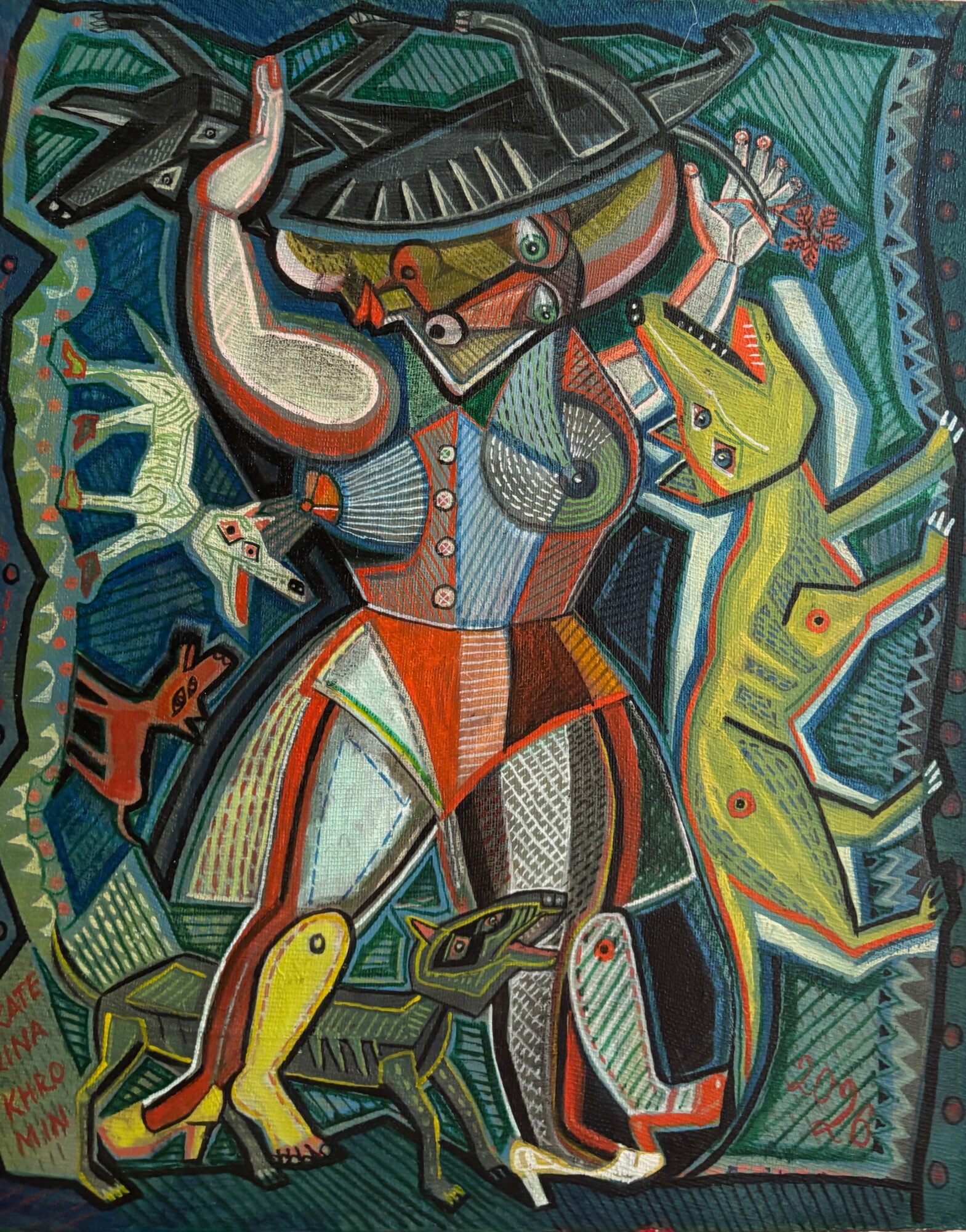 Colorful abstract painting of a central figure with animal and human features, surrounded by various animals and shapes.