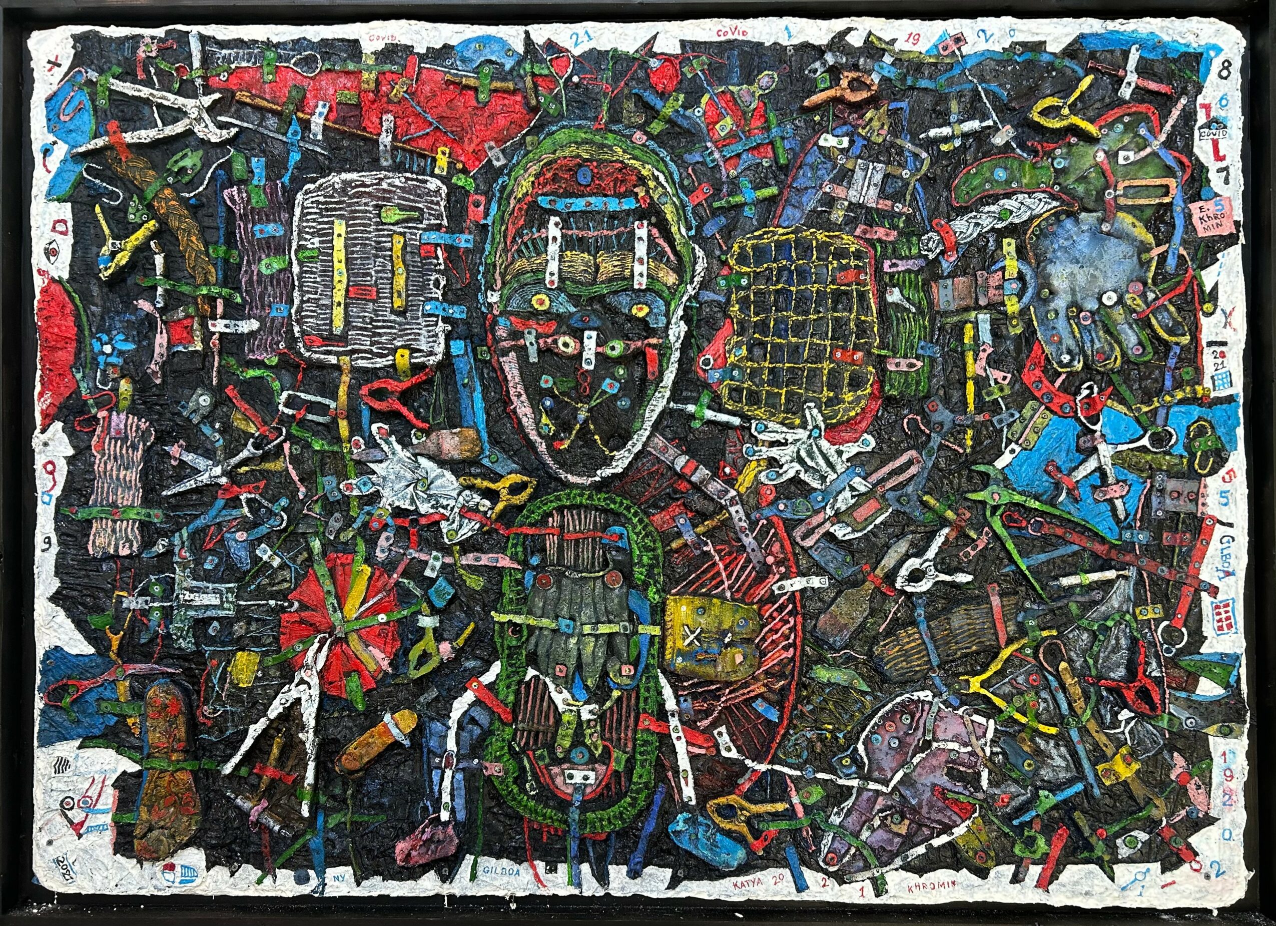 Colorful abstract artwork with various shapes, lines, and figures, including a central face-like figure, on a dark background.