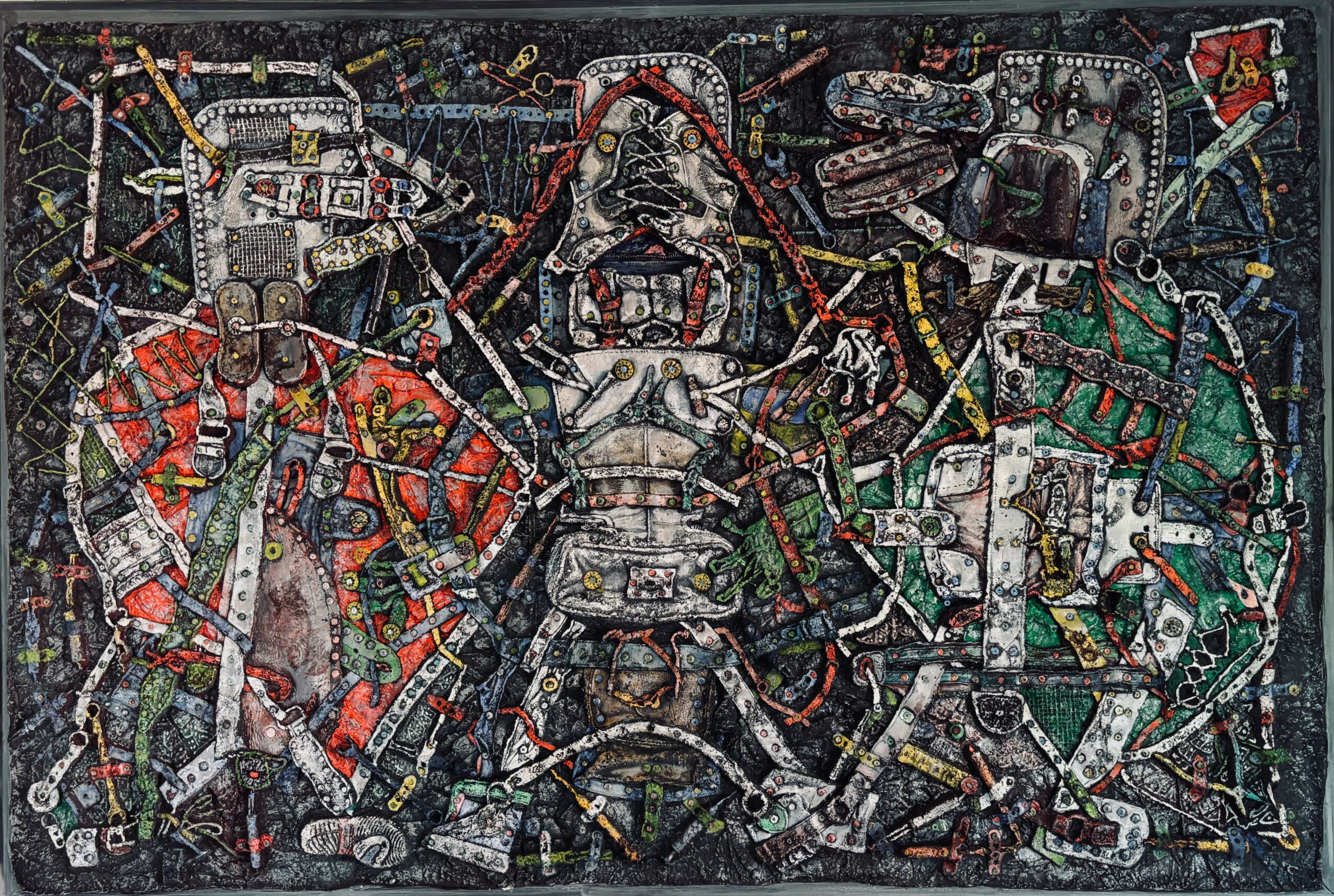 A detailed, colorful mosaic depicting a central figure with two animals on either side, surrounded by intricate patterns and objects.