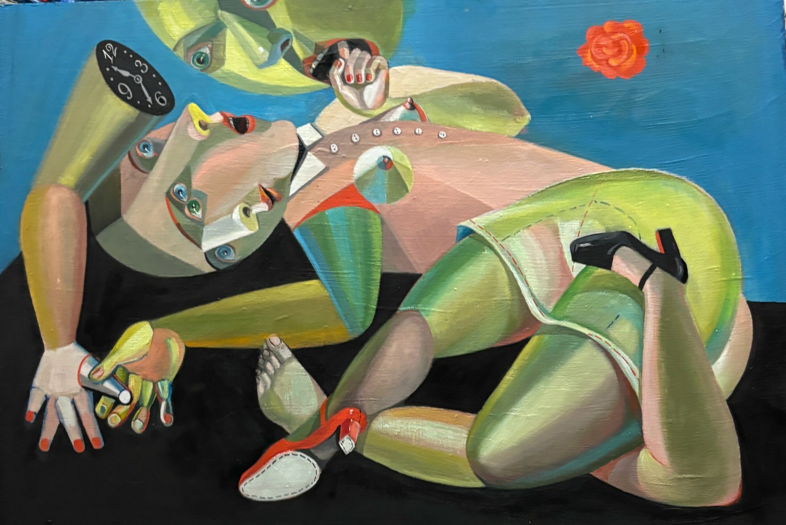 Abstract painting of a person lying down with a green and beige body, holding a phone, with a red flower in the background.