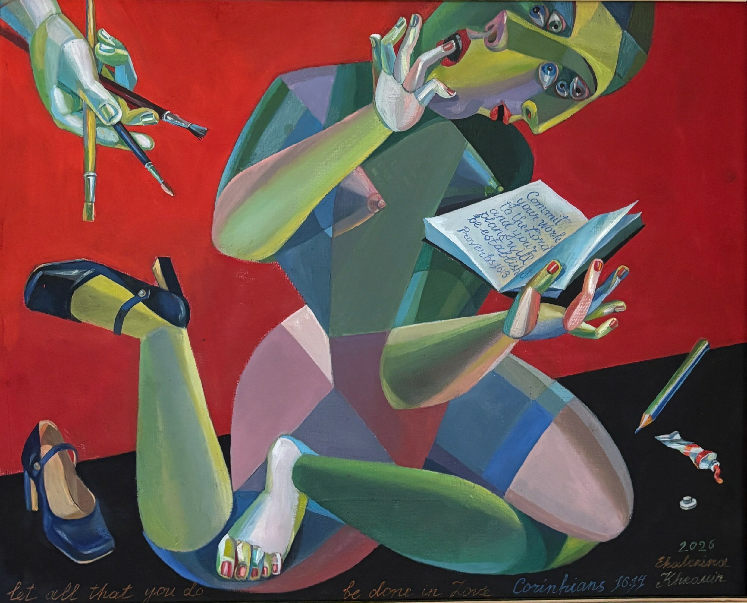 Abstract figure with multiple limbs reading a book, set against a red background, with floating objects nearby.
