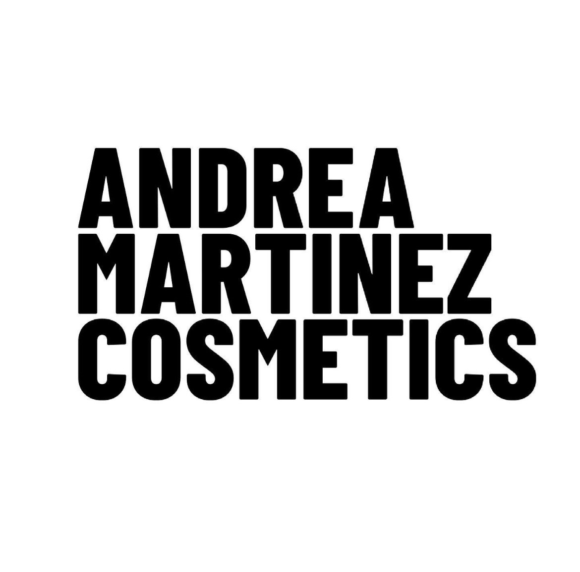 Bold black text reads 'ANDREA MARTINEZ COSMETICS' on a white background.
