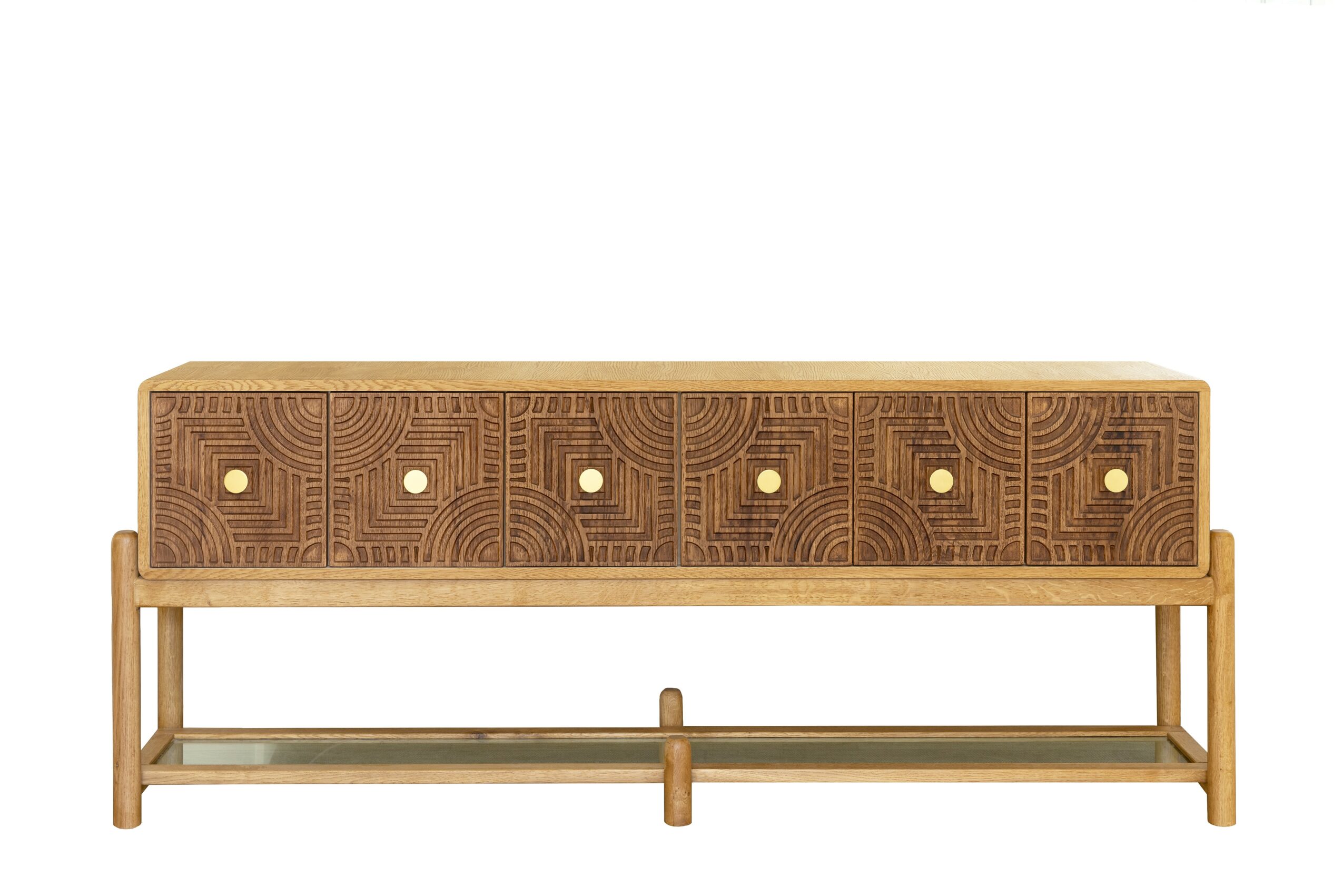 Wooden sideboard with six drawers and a lower shelf, standing on four legs, against a white background.