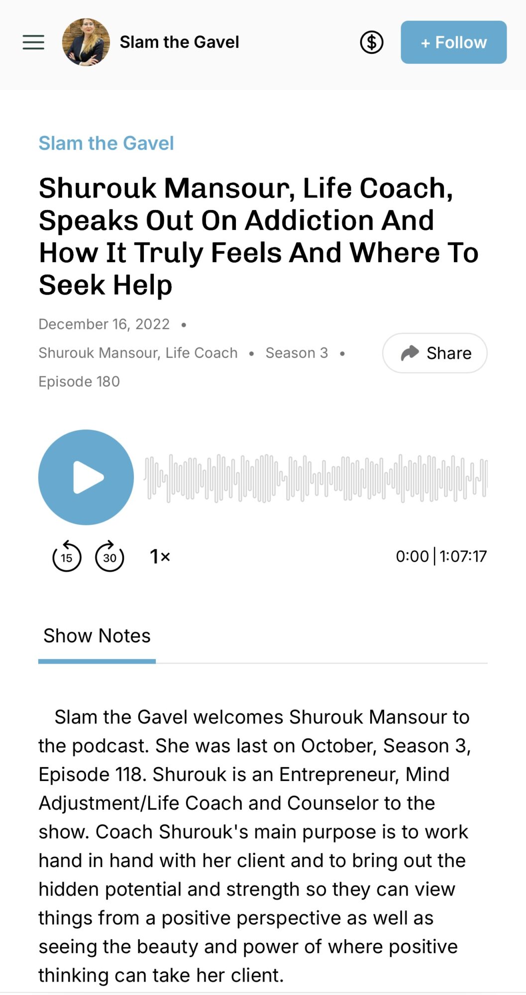Podcast episode page with title, description, and a play button, featuring a blue header and episode details.