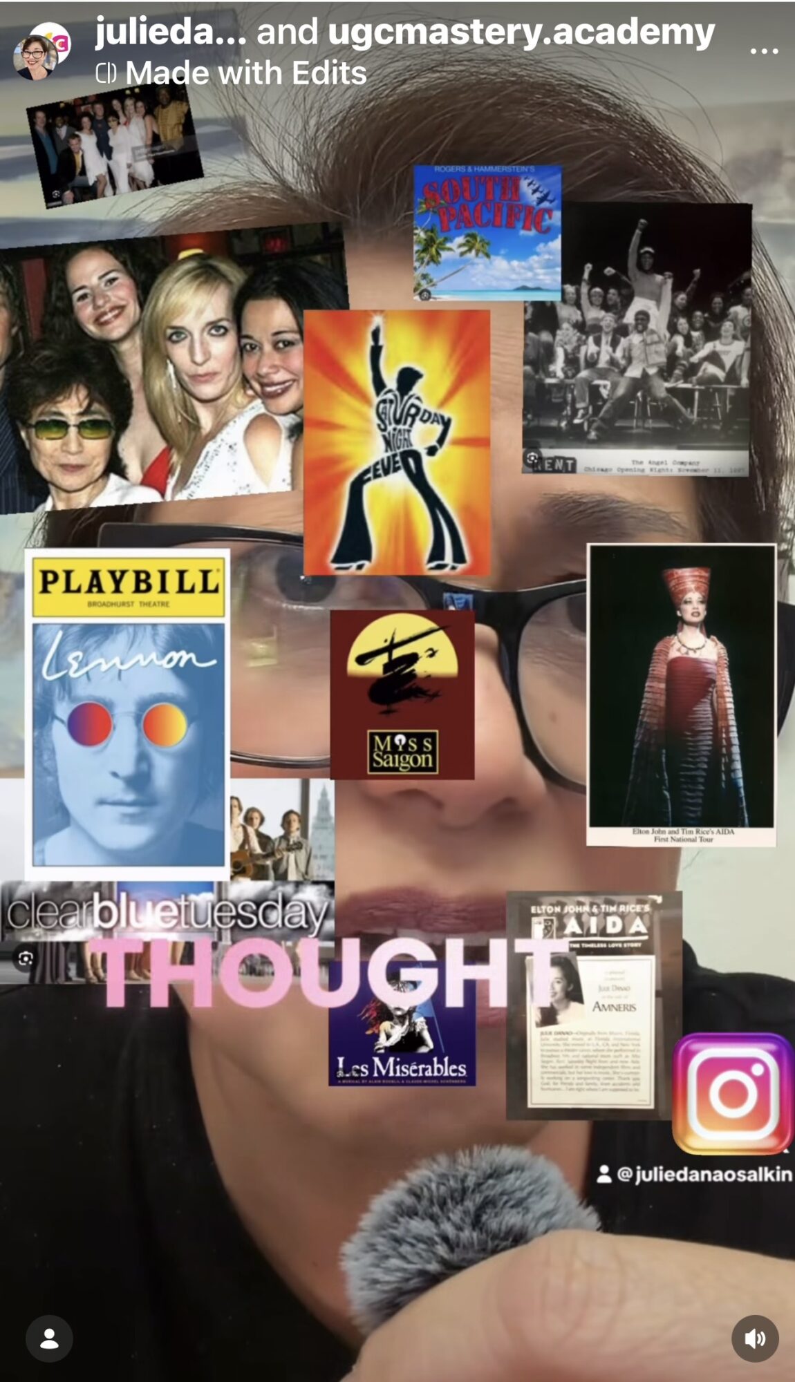 Collage of various images including people, artwork, and text, with a person's face partially visible in the background.