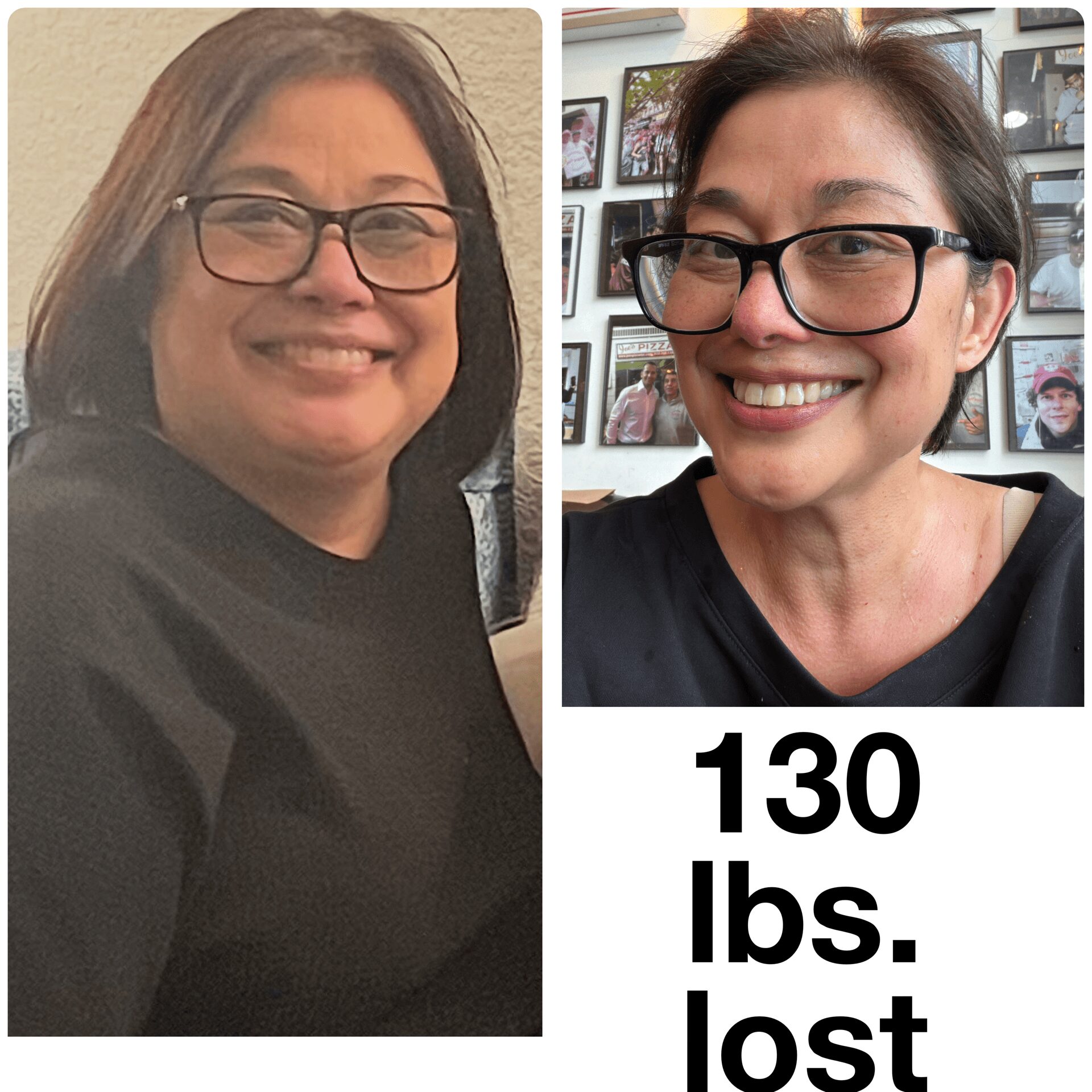Side-by-side photos of a woman before and after weight loss, smiling, wearing glasses, with a background of framed pictures.