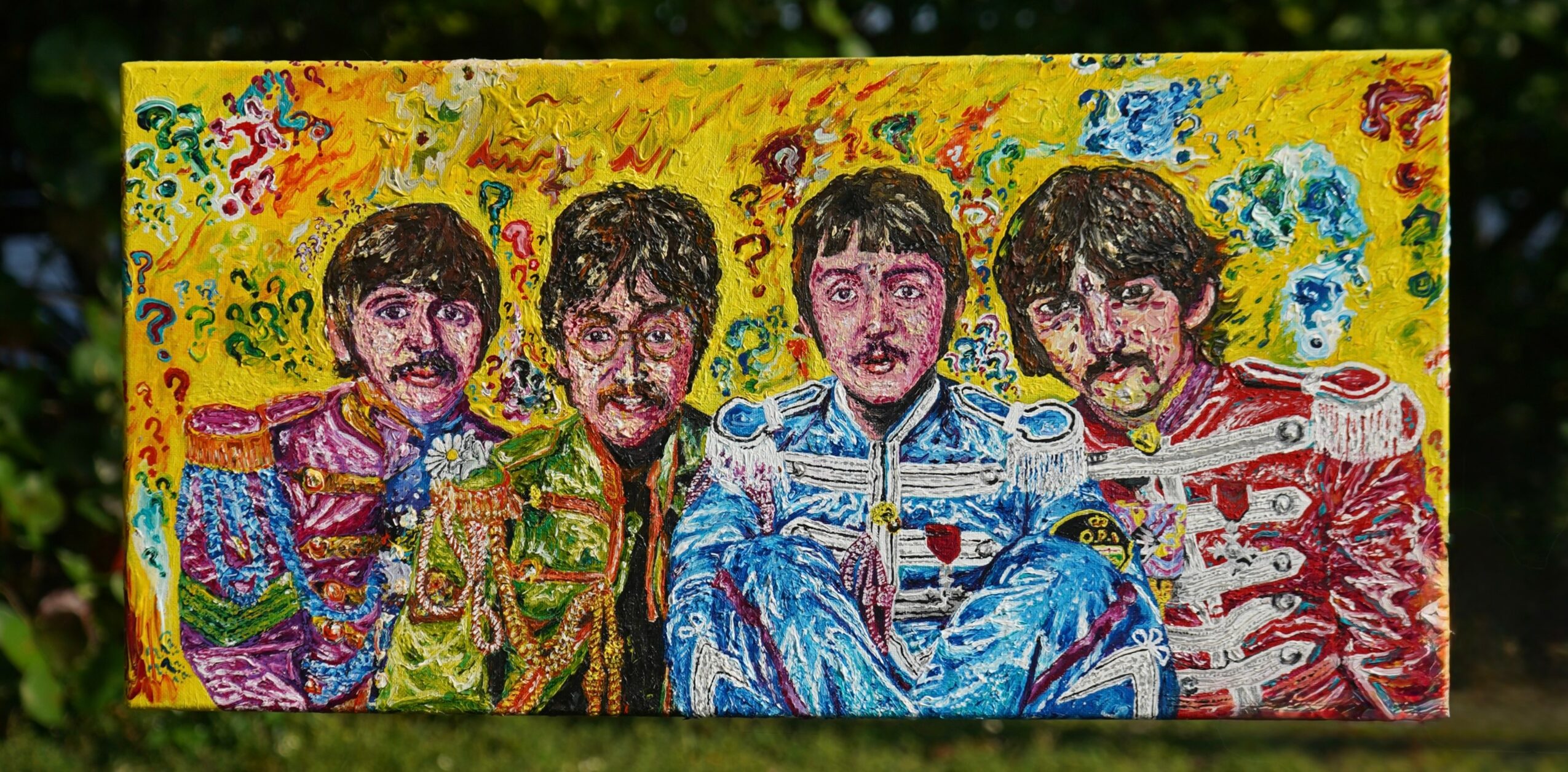 Colorful painting of four people with patterned clothing and a vibrant yellow background.