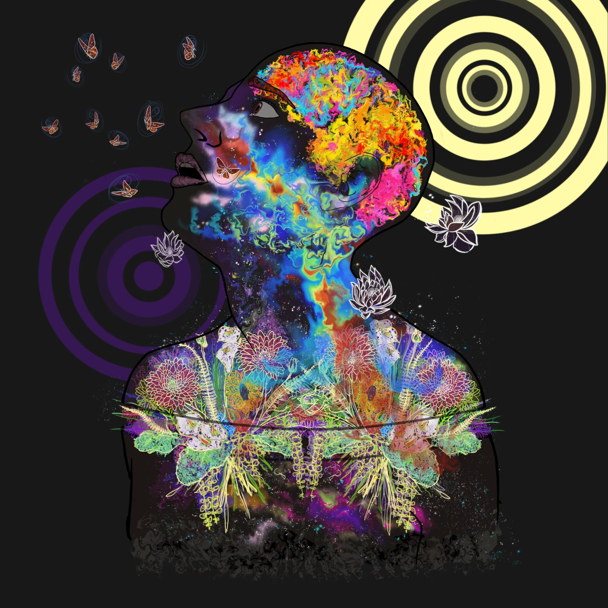 Abstract portrait of a person with colorful, floral, and cosmic elements against a black background, with spiral patterns and butterflies.