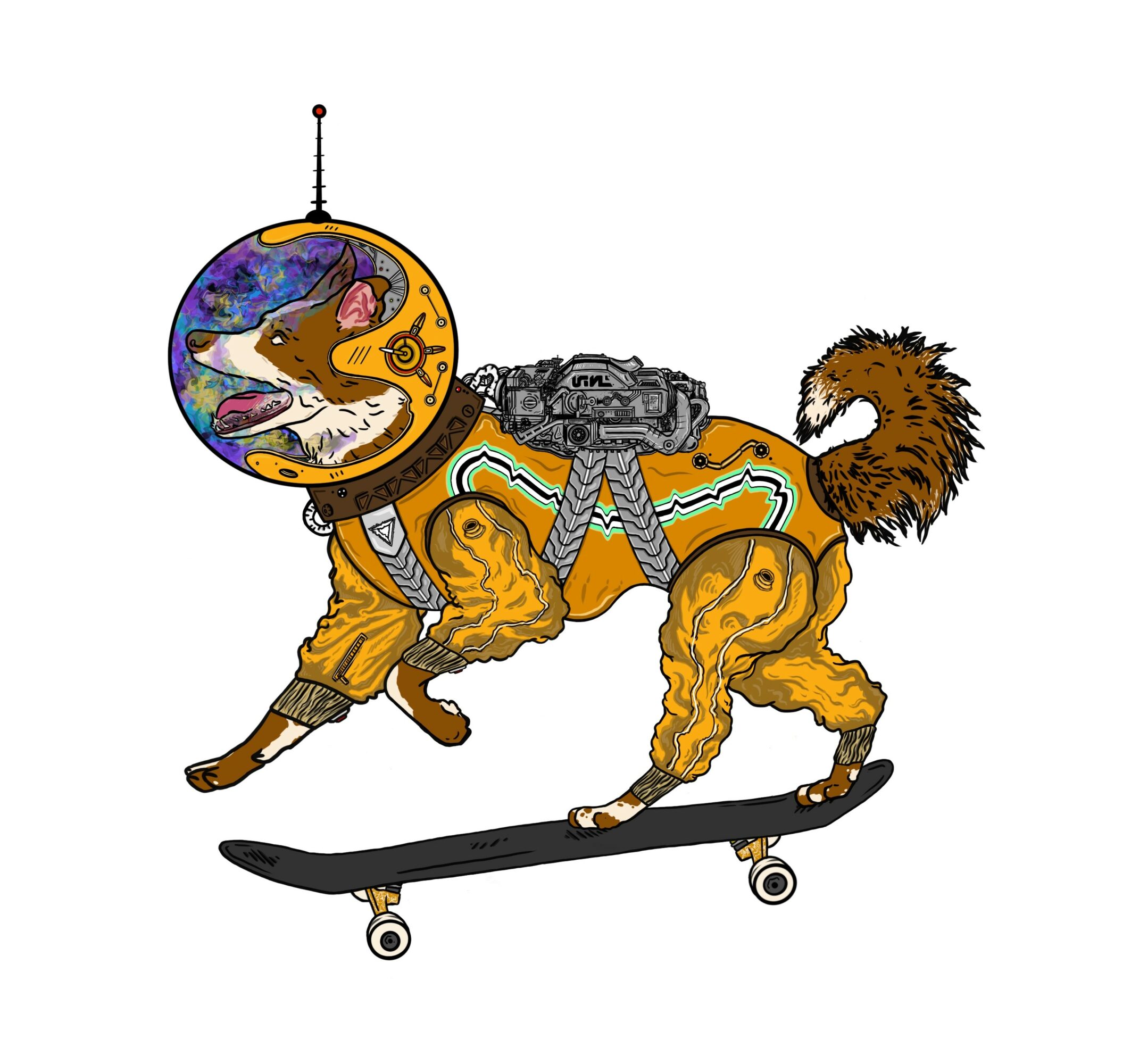 A dog with a space helmet and a skateboard, with mechanical and colorful details, facing left.