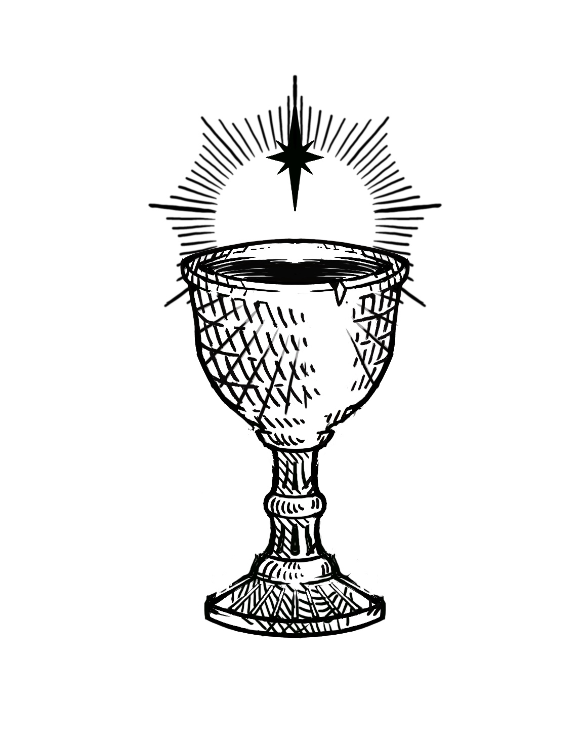 A chalice with a star and rays above it, drawn in black and white, with detailed crosshatching.