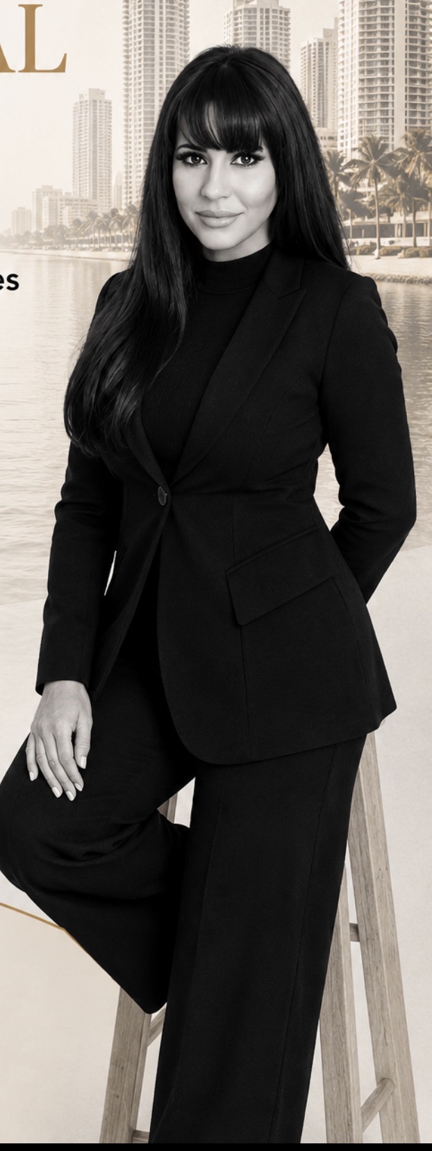 Woman with long dark hair in a black suit standing outdoors with city buildings in background.