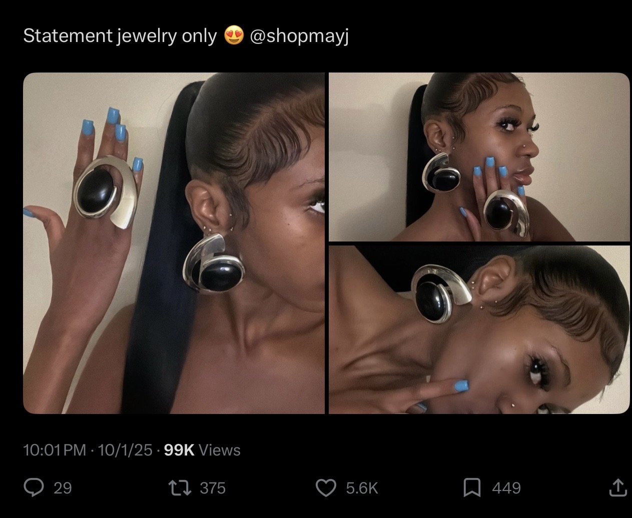 Woman with large earrings and blue nail polish, showing jewelry in three close-up photos.