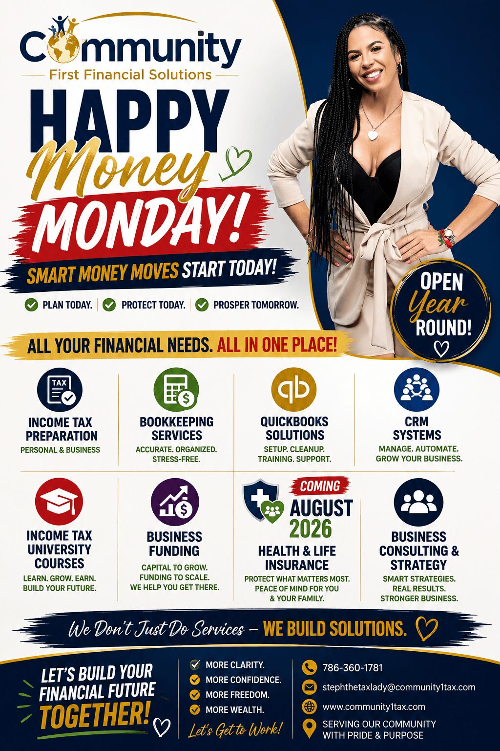 Smiling woman in white blazer standing next to promotional poster for financial services, with text about money and insurance.