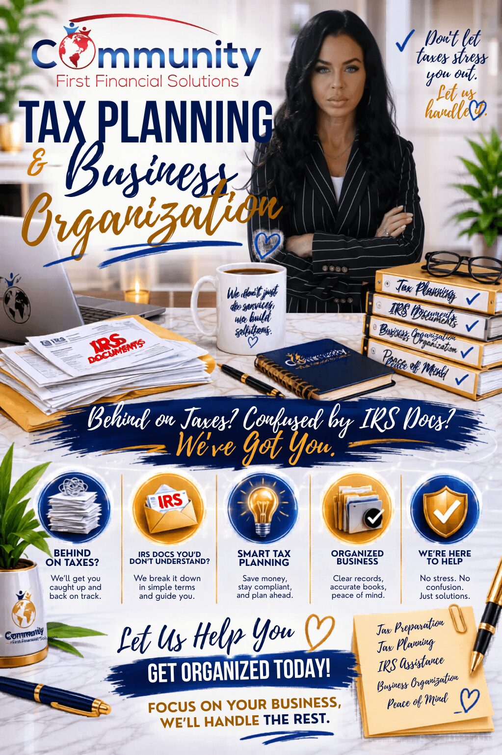 Woman in black blazer at desk with tax planning books, papers, and office supplies, promoting business organization services.