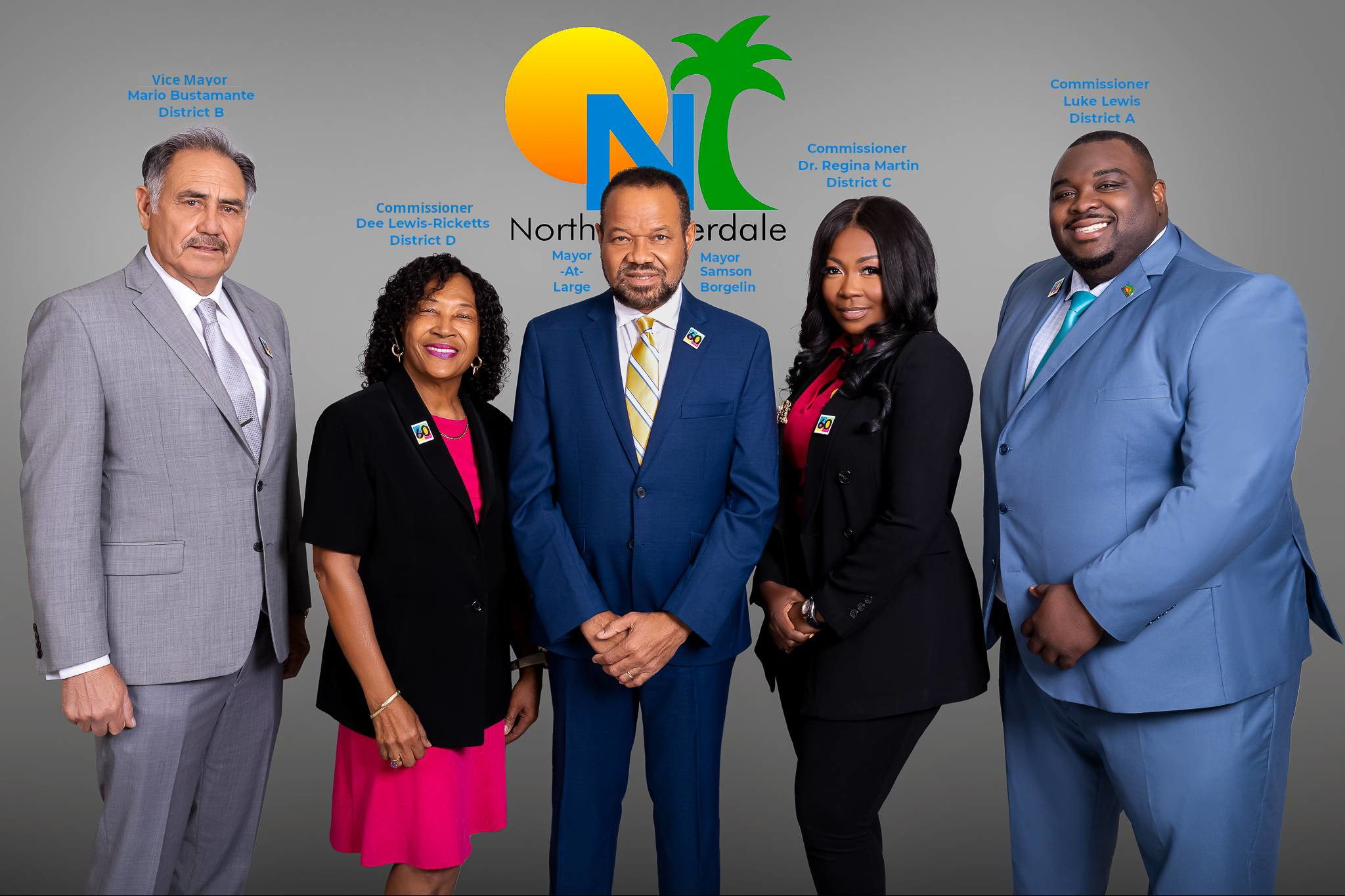 Five people in business attire standing in front of a North Myrtle Beach logo backdrop, smiling for the photo.