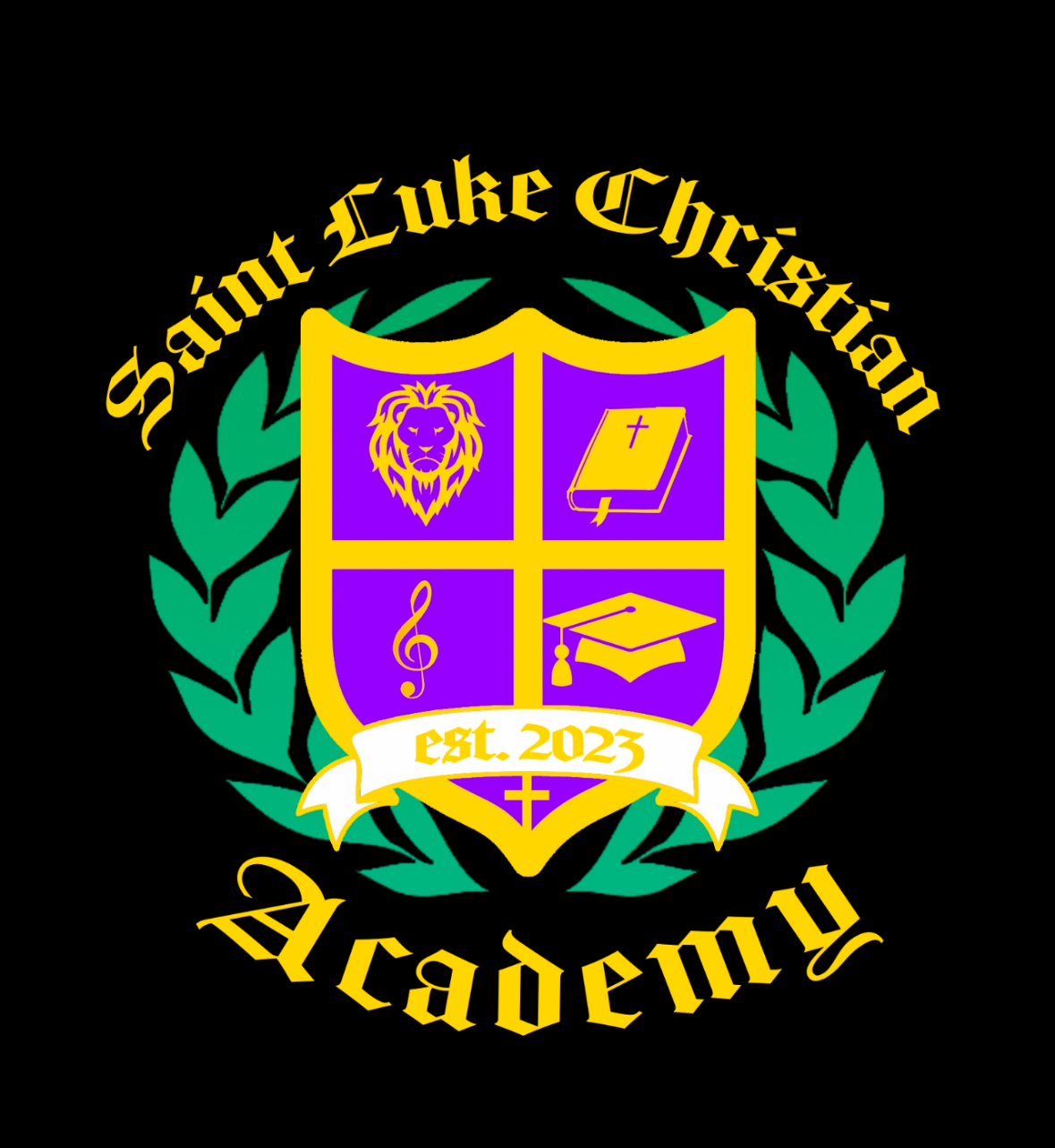 Emblem with a shield, lion, book, music note, and graduation cap, surrounded by green laurel leaves, with text 'Saint Luke Christian Academy' and 'est. 2023'.