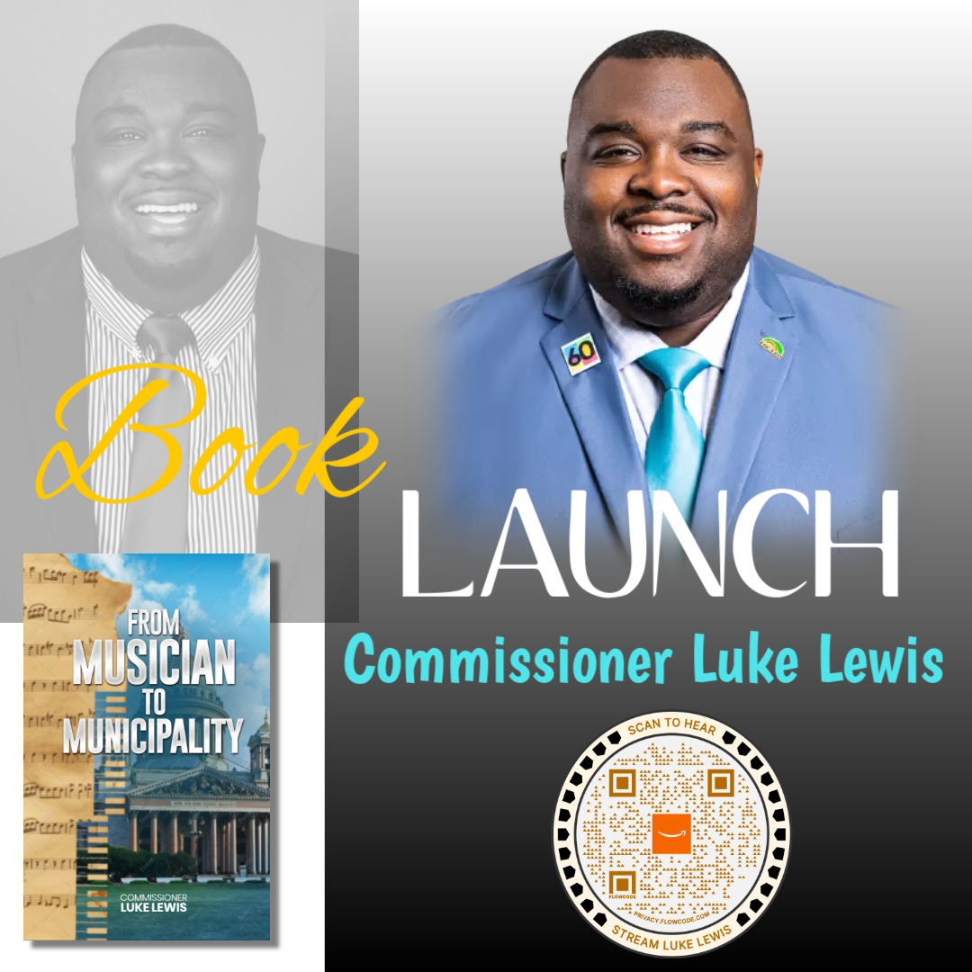 Portrait of Commissioner Luke Lewis smiling, with a book cover and launch details, in a professional setting.