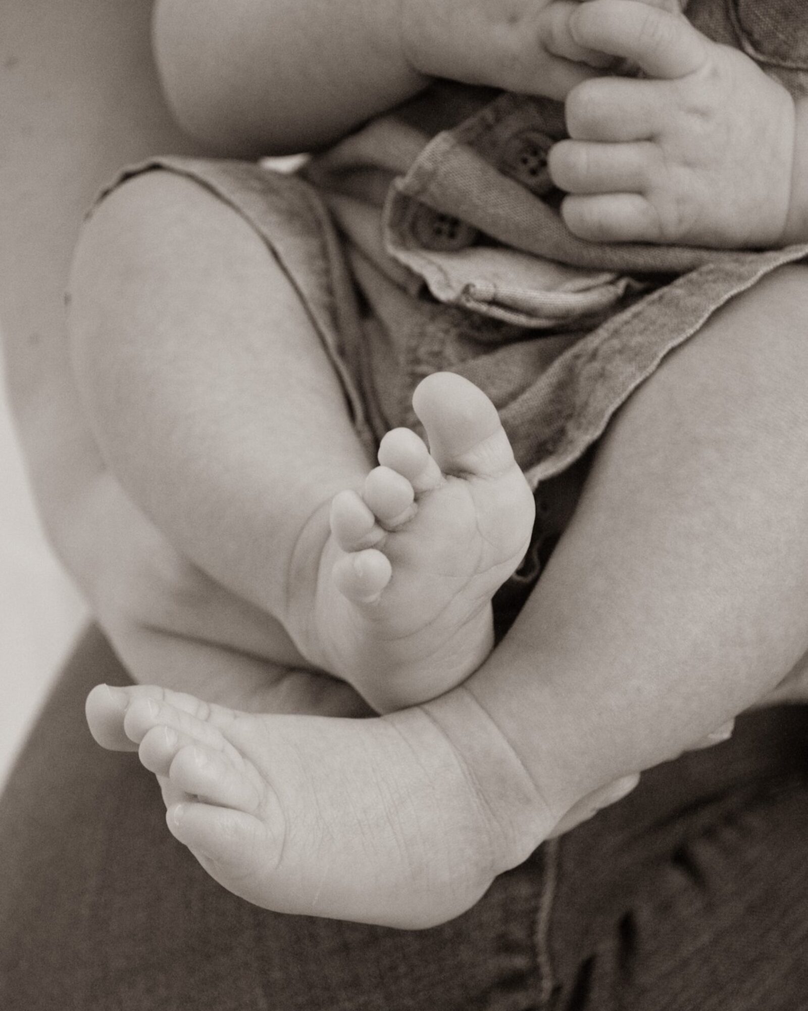 Close-up of a baby's feet and hands, with the baby sitting on an adult's lap, in black and white.