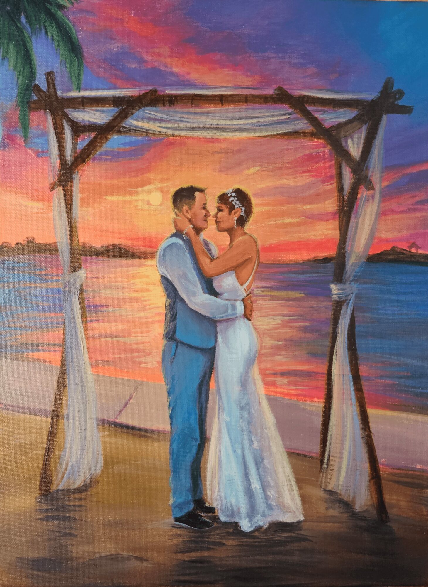 A couple in wedding attire stands under a wooden arch on a beach at sunset, holding each other closely.