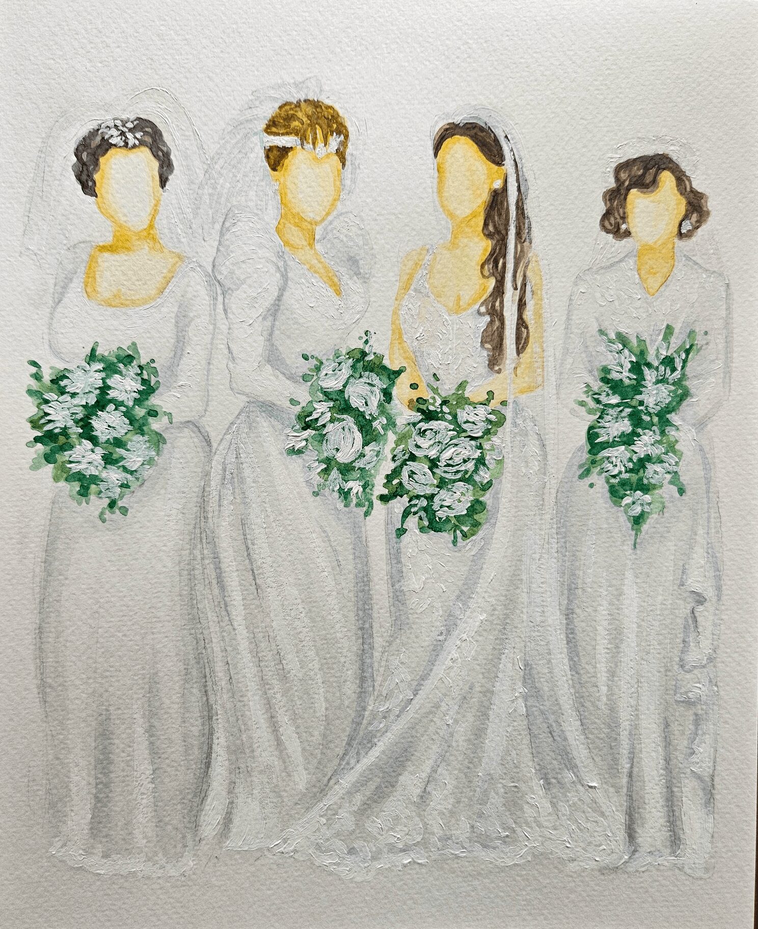 Four women in white dresses holding bouquets, standing side by side, with faceless features, against a light background.