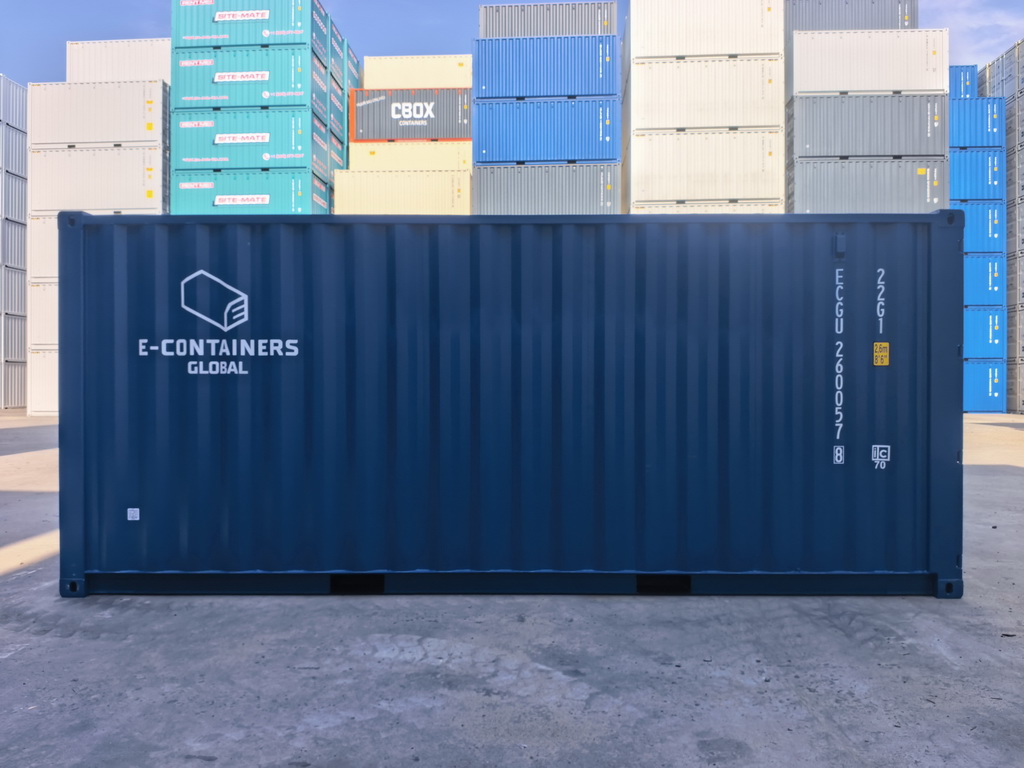 Blue shipping container with white logo and text, stacked containers in background, outdoor setting.