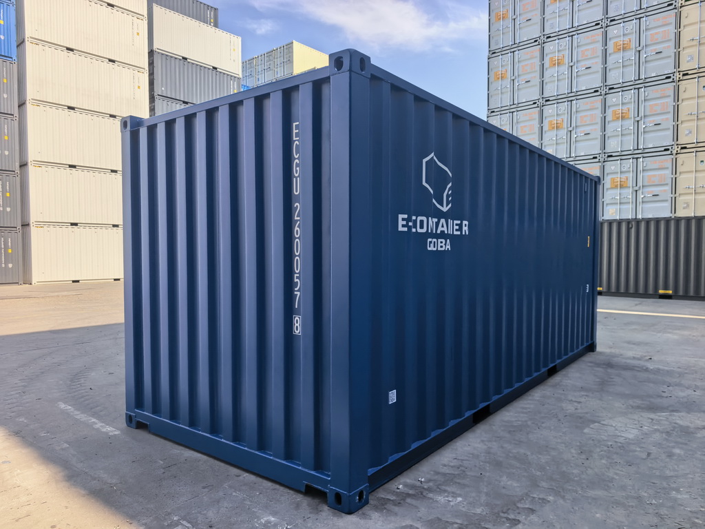 Blue shipping container with logo and text, outdoors, with stacked containers in background.