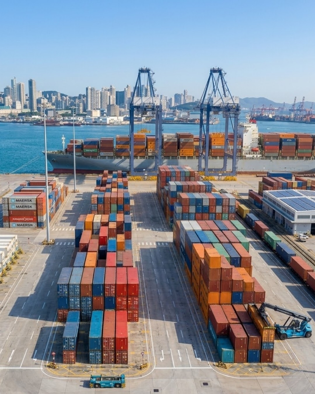 Container port with stacked containers, cranes, and a city skyline in the background, under a clear blue sky.