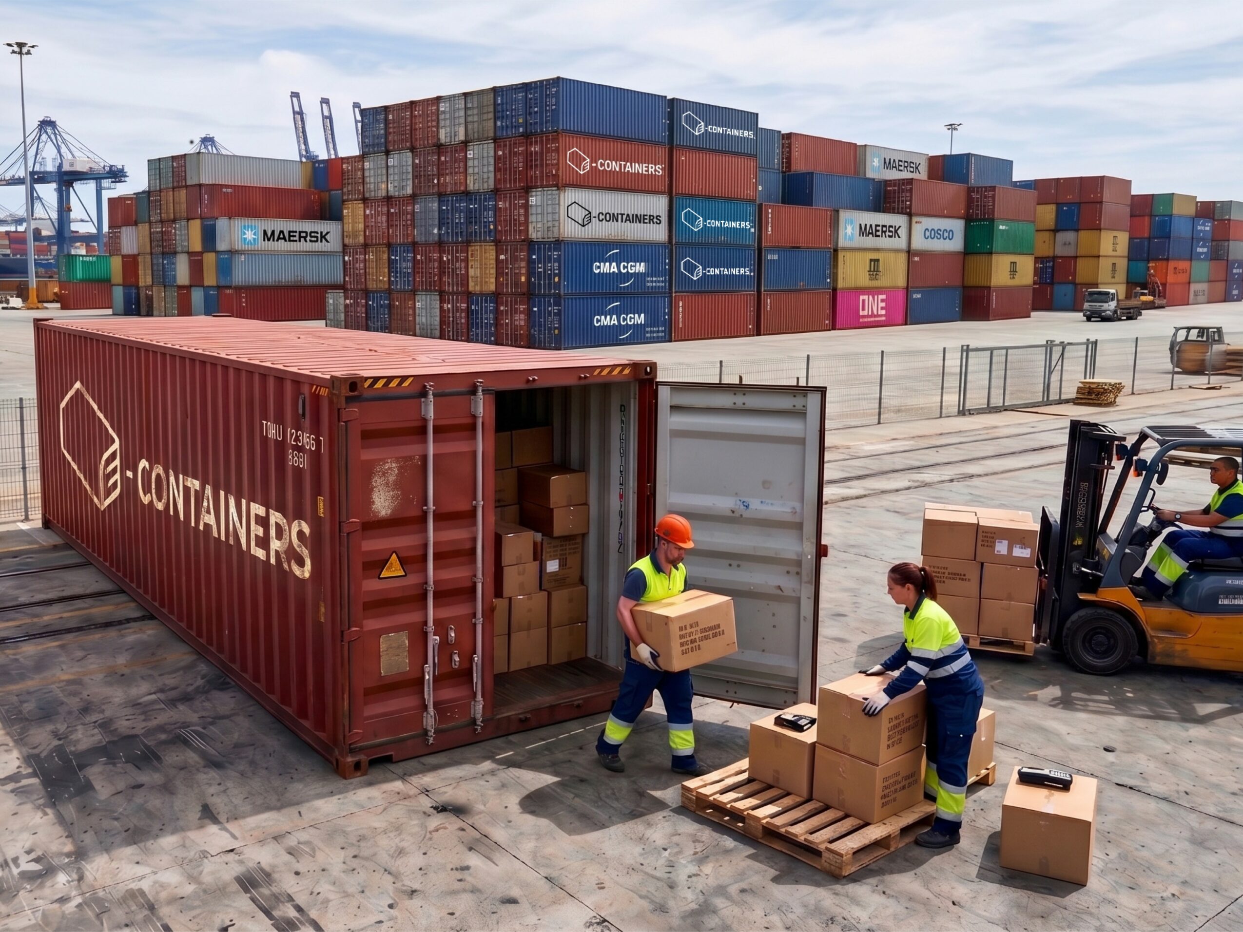 Workers unload boxes from a shipping container at a port with stacked cargo containers in the background.