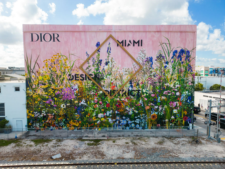 Large pink wall with floral mural, DIOR and MIAMI text, and clock hands, with cityscape background.