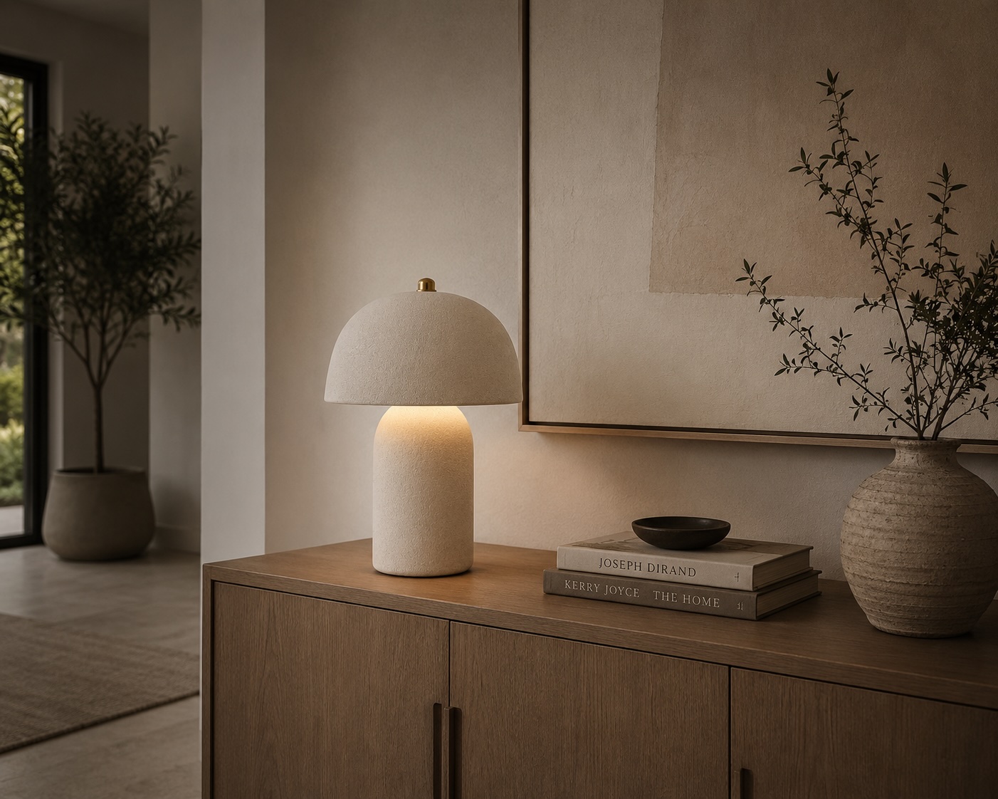 Lamp, books, and vases on a wooden sideboard in a room with a large painting and potted plant.
