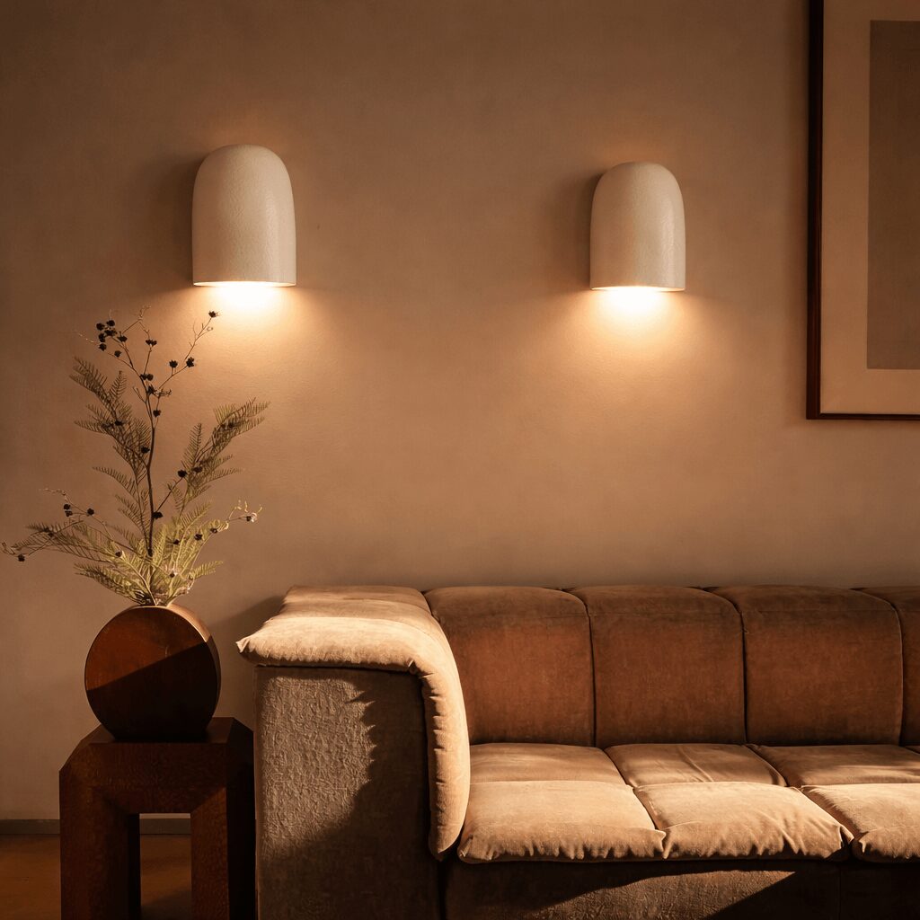Living room with two wall-mounted lights, a sofa, and a side table with a plant in a round vase.