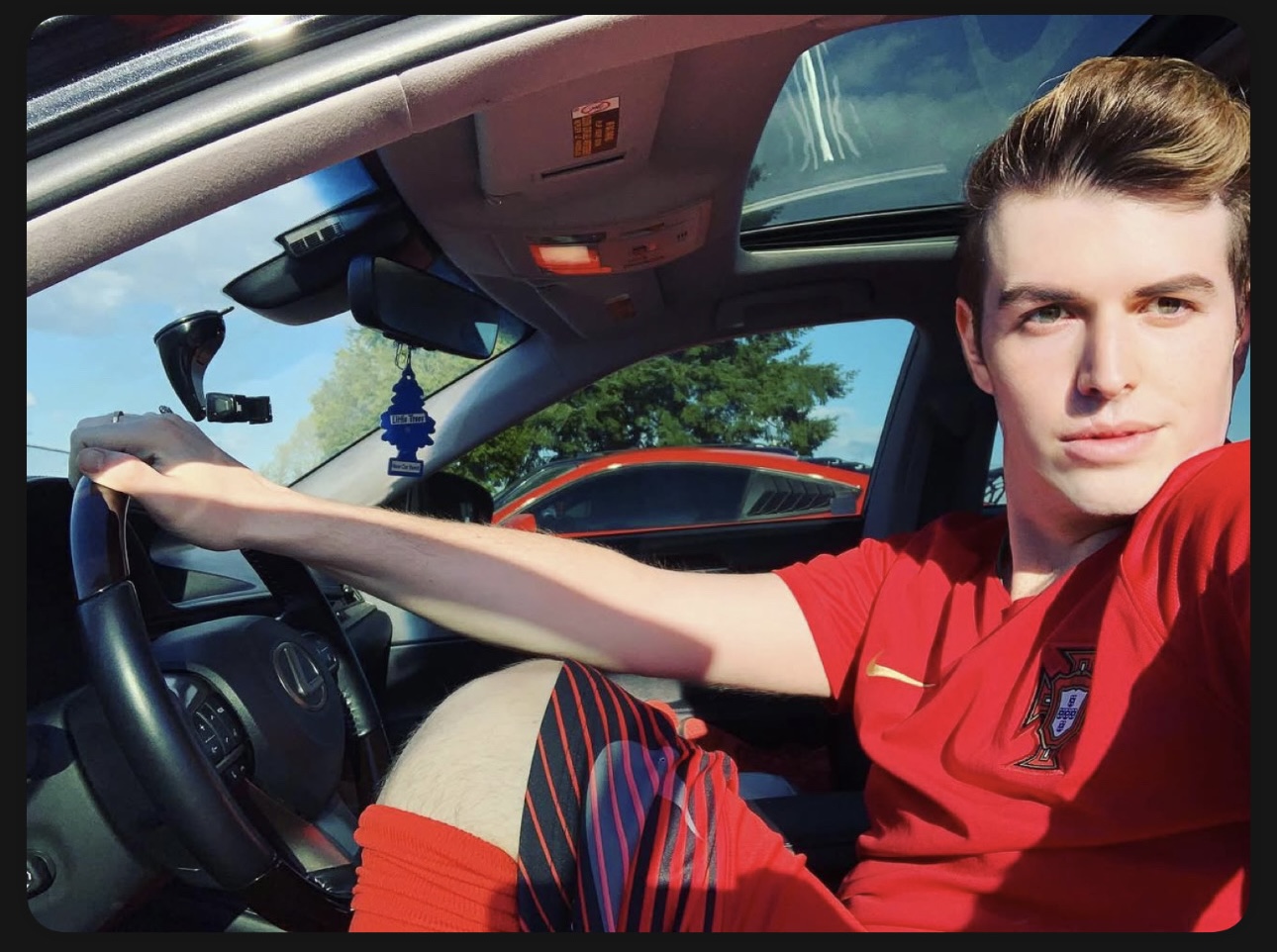 Young man in red shirt sitting in car, holding steering wheel, with trees and blue sky outside window.