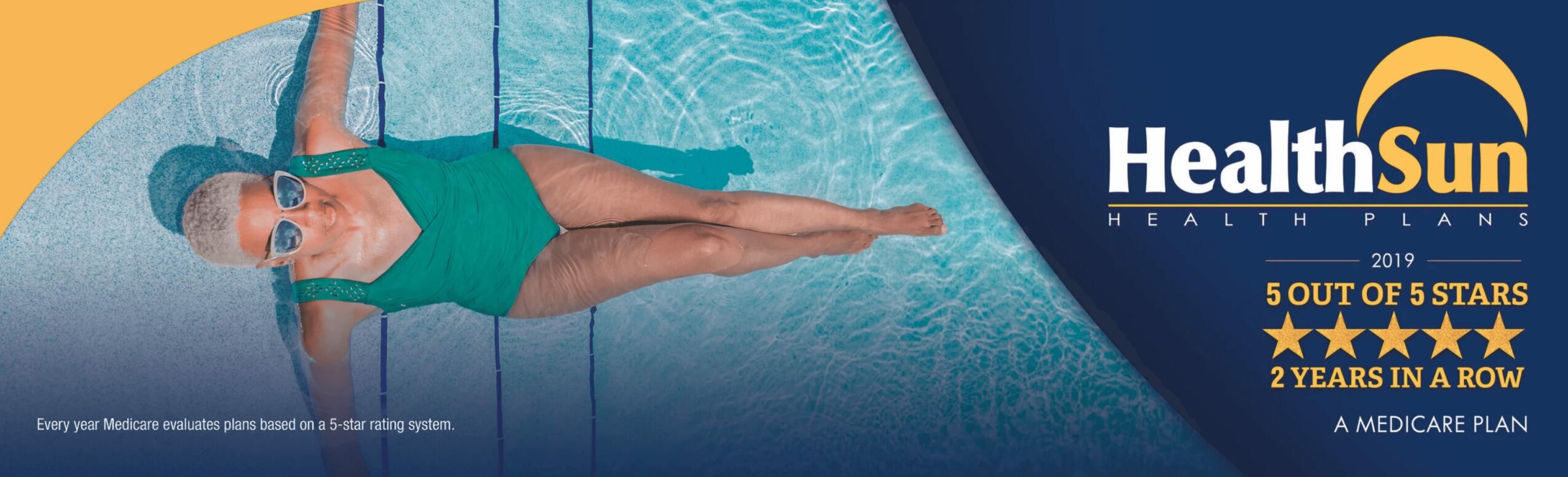 Woman in green swimsuit lying by pool, promotional banner for Health Sun, two-year award, five-star rating, medicare plan.