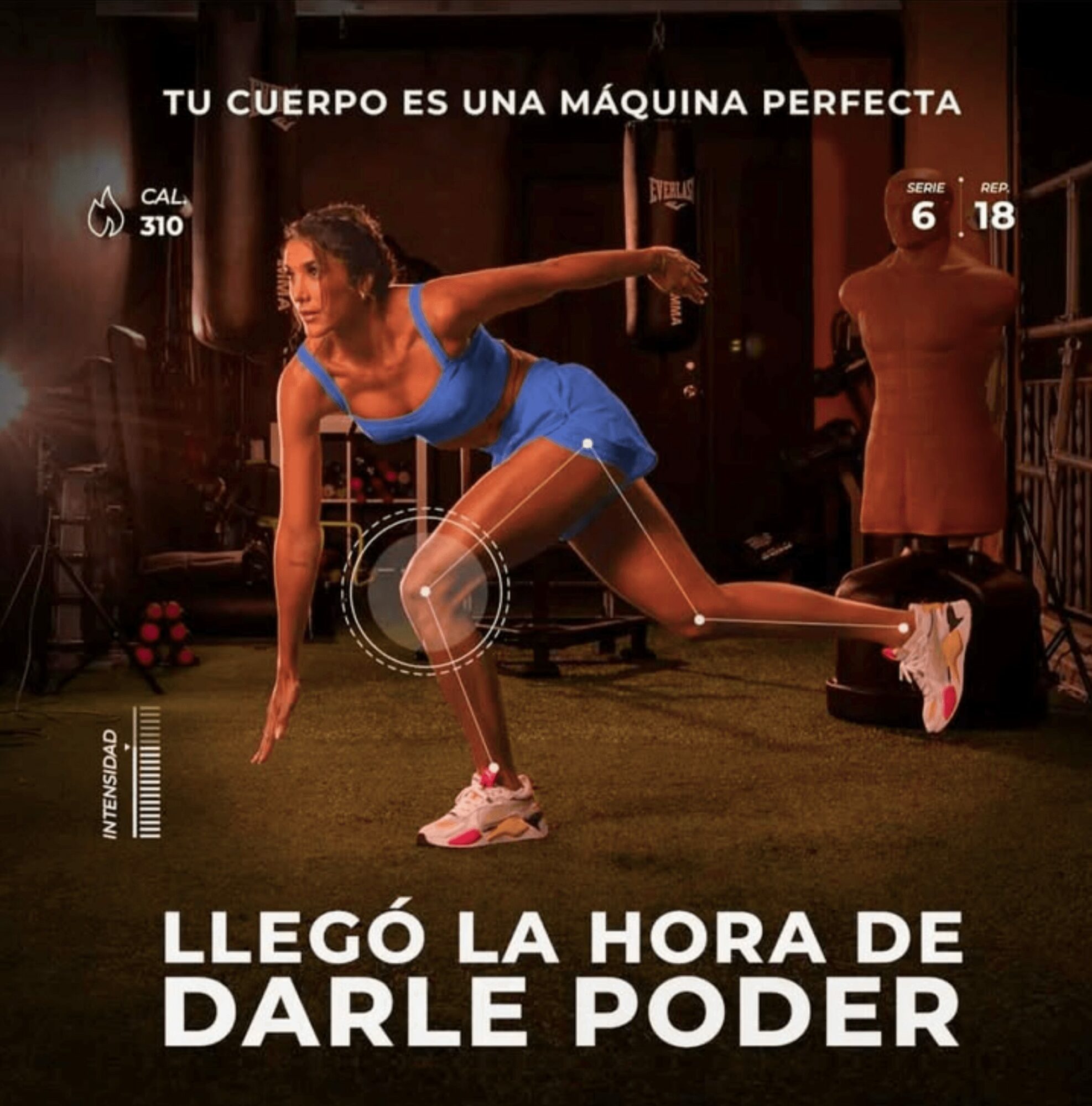 Woman in blue workout clothes performing a lunge exercise in a gym. Text in Spanish about strength and a perfect body.