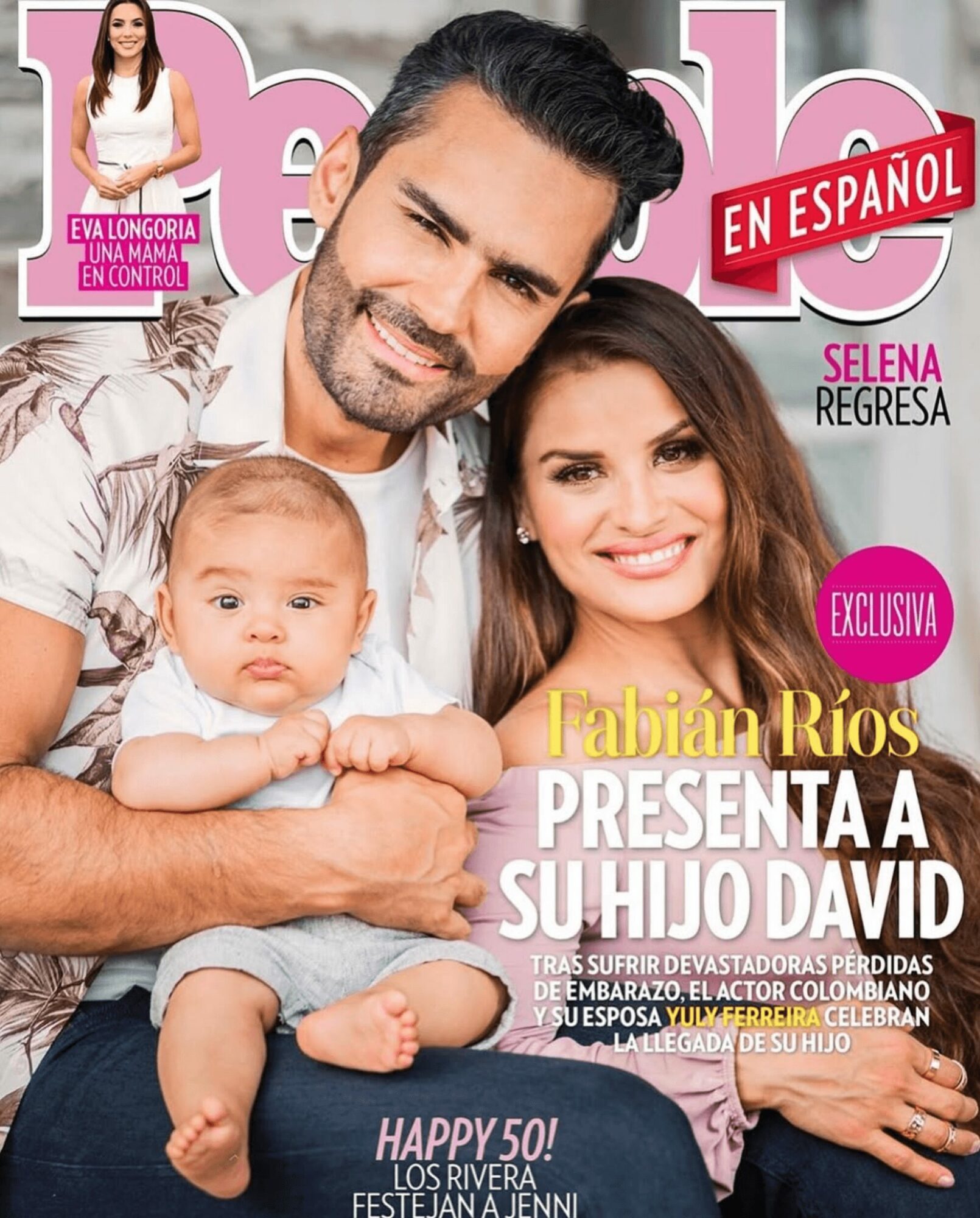 Family of three smiling, man holding baby girl, woman beside them, magazine cover with headlines and images.