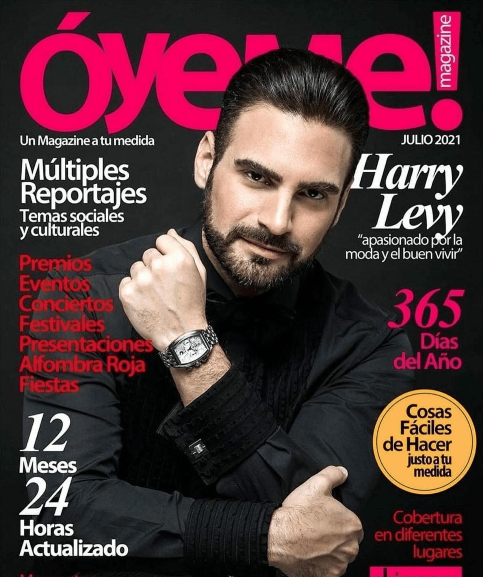 Magazine cover featuring a man with dark hair and beard, wearing a black shirt, with pink and white text in Spanish.