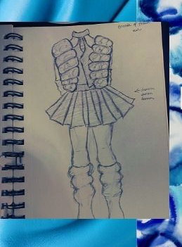 Sketch of a person with muscular arms wearing a skirt and boots, with handwritten notes on the side.