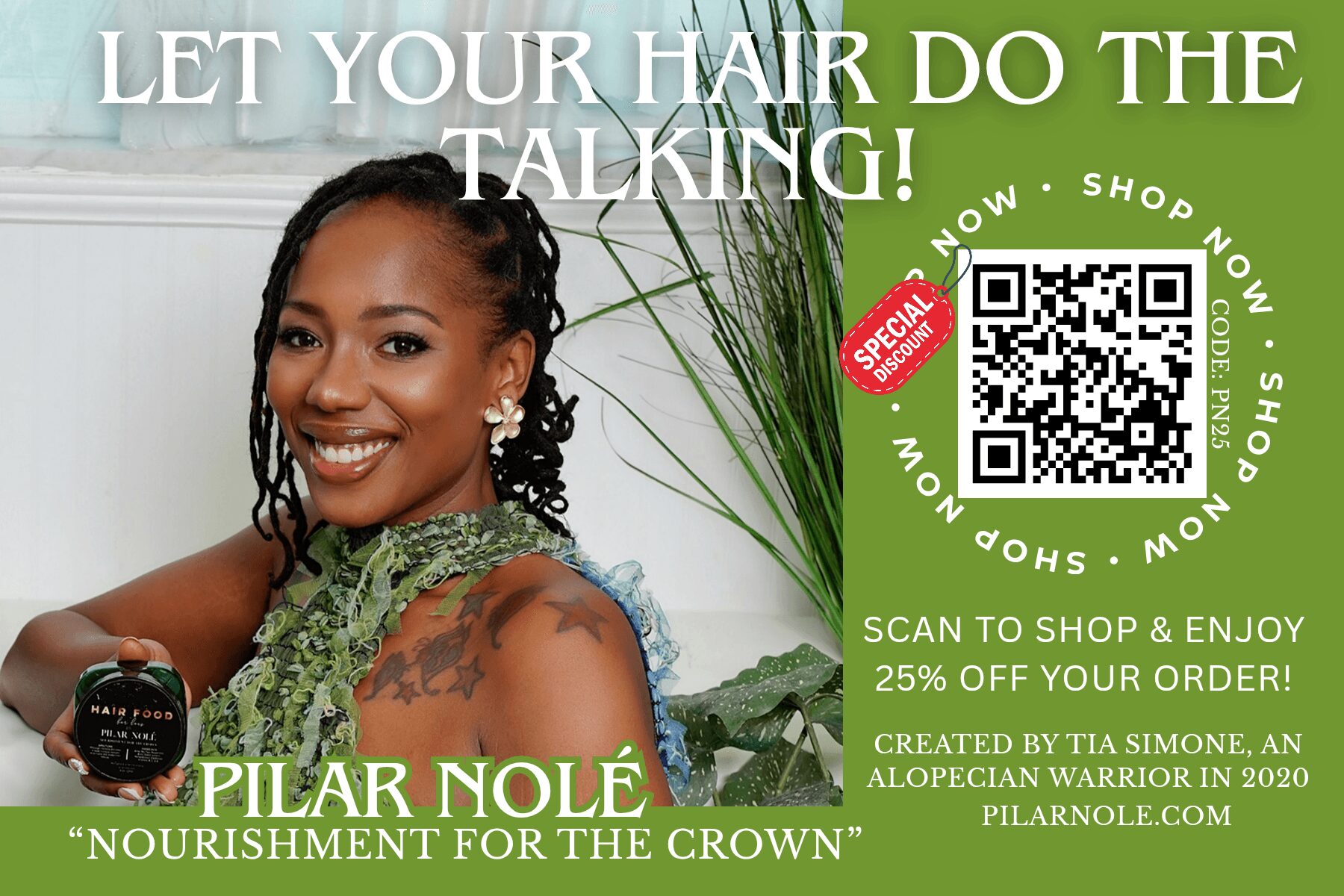 Smiling woman with braided hair holding hair product, promotional text about hair care, QR code, and green background.