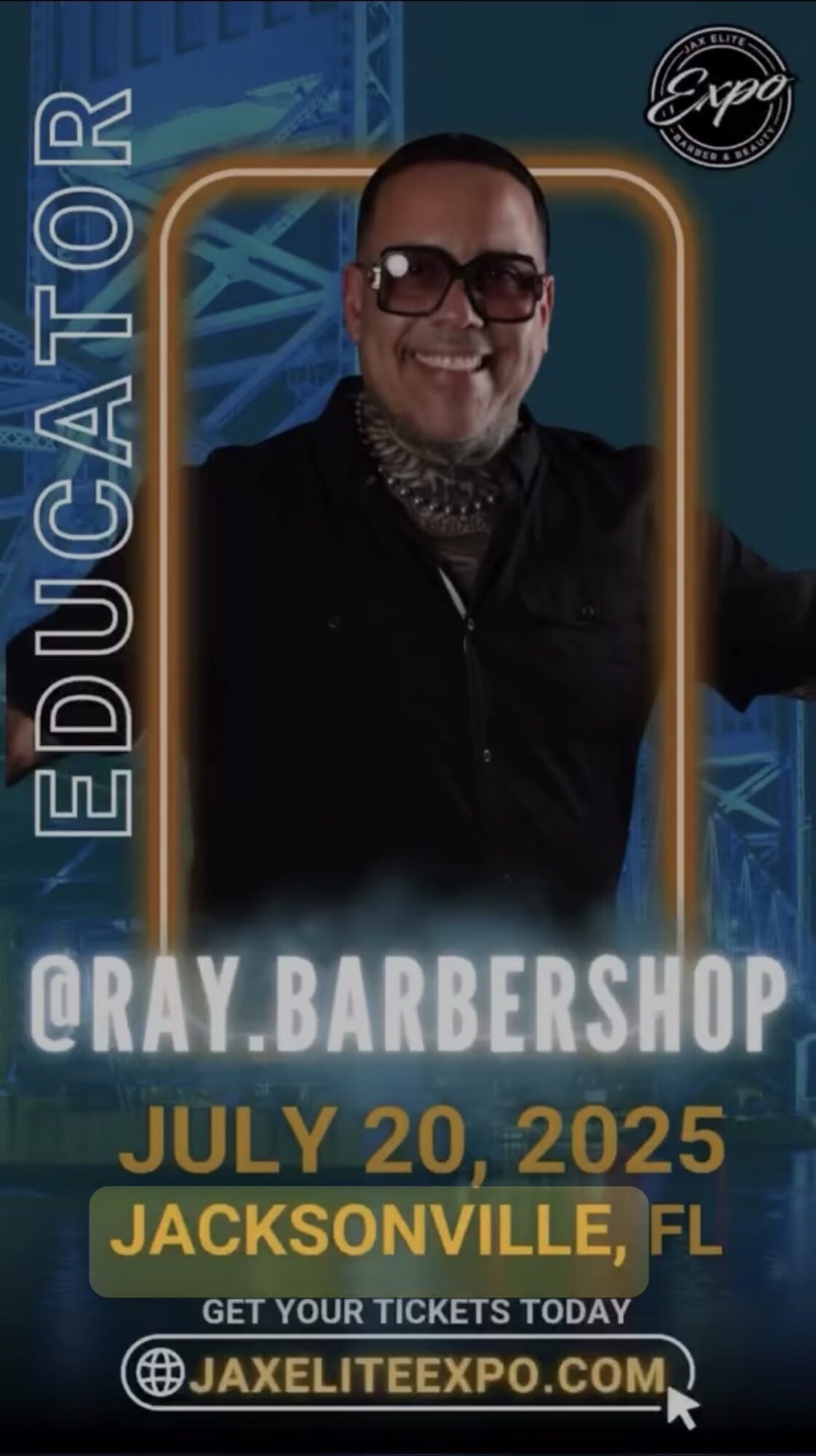 Man smiling wearing glasses and a jacket, promotional poster for an event at Jaxelite Expo, July 20, 2025, Jacksonville, Florida.