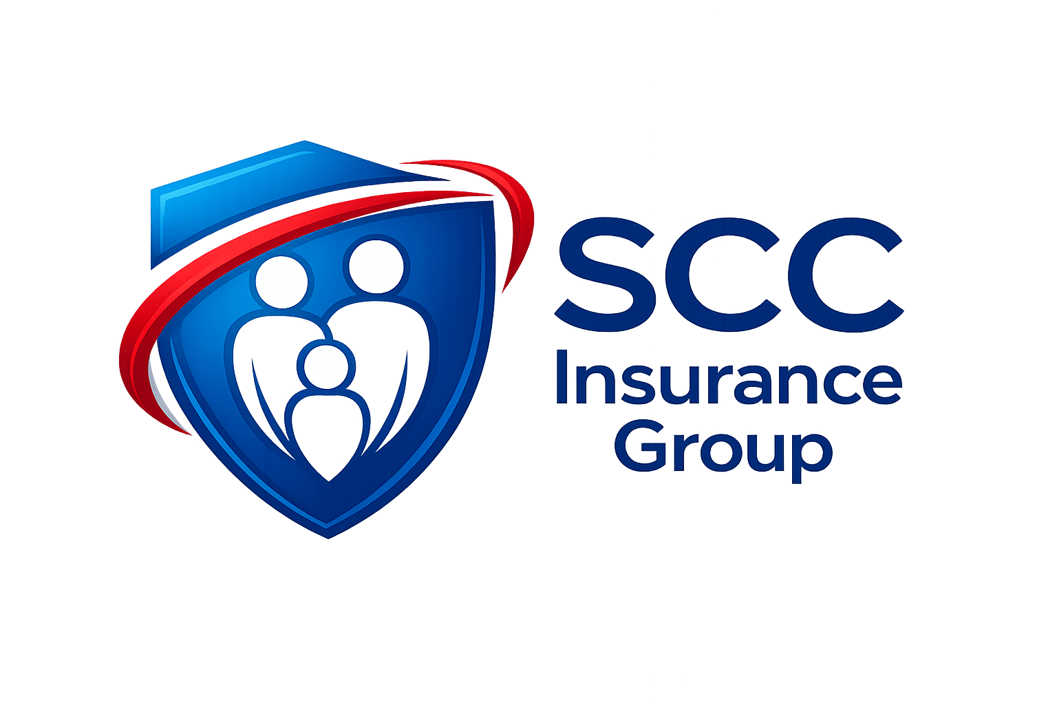 SCC Insurance Group logo with shield and three dots, blue and red colors, on black background.