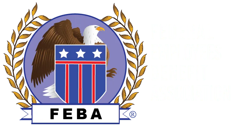 Logo with an eagle, shield, and laurel wreath, and text reading 'Federal Employees Benefit Association'.