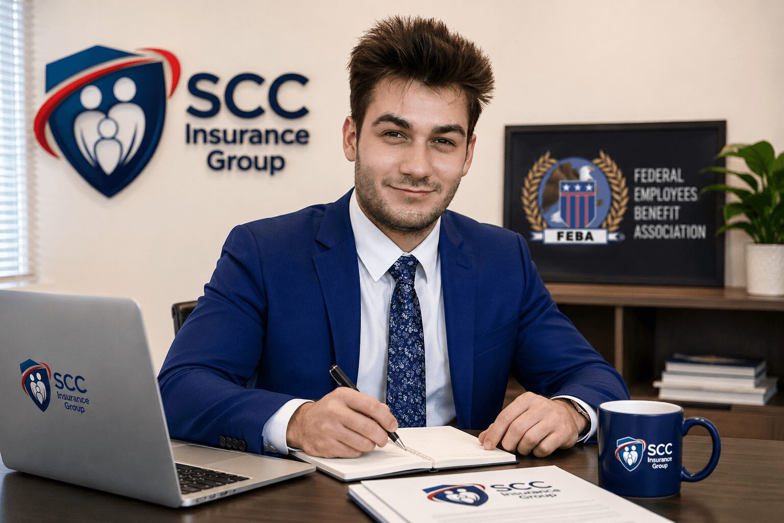 Young man in a blue suit sitting at a desk with a laptop, notebook, and coffee mug, smiling. Office background with logos.