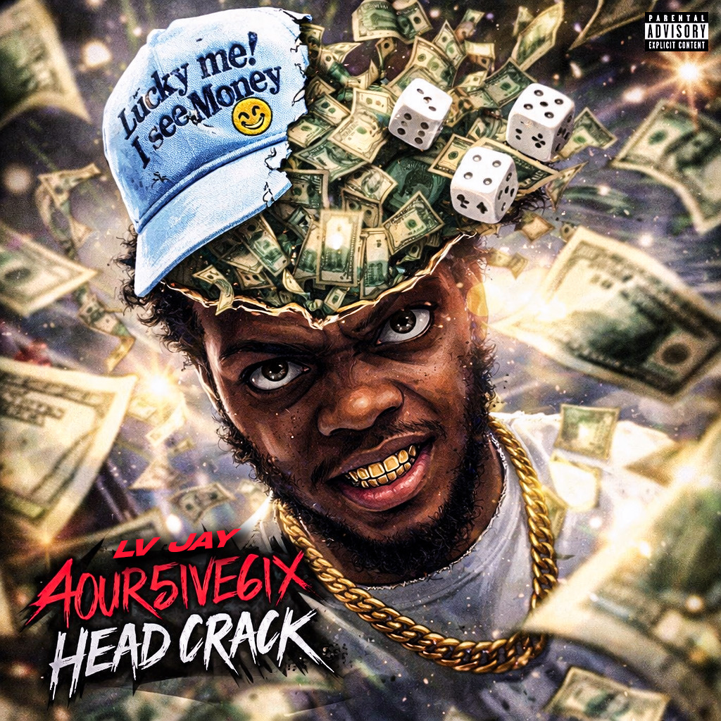 Person with a hat covered in dollar bills, surrounded by flying money, wearing a gold chain, with intense facial expression.