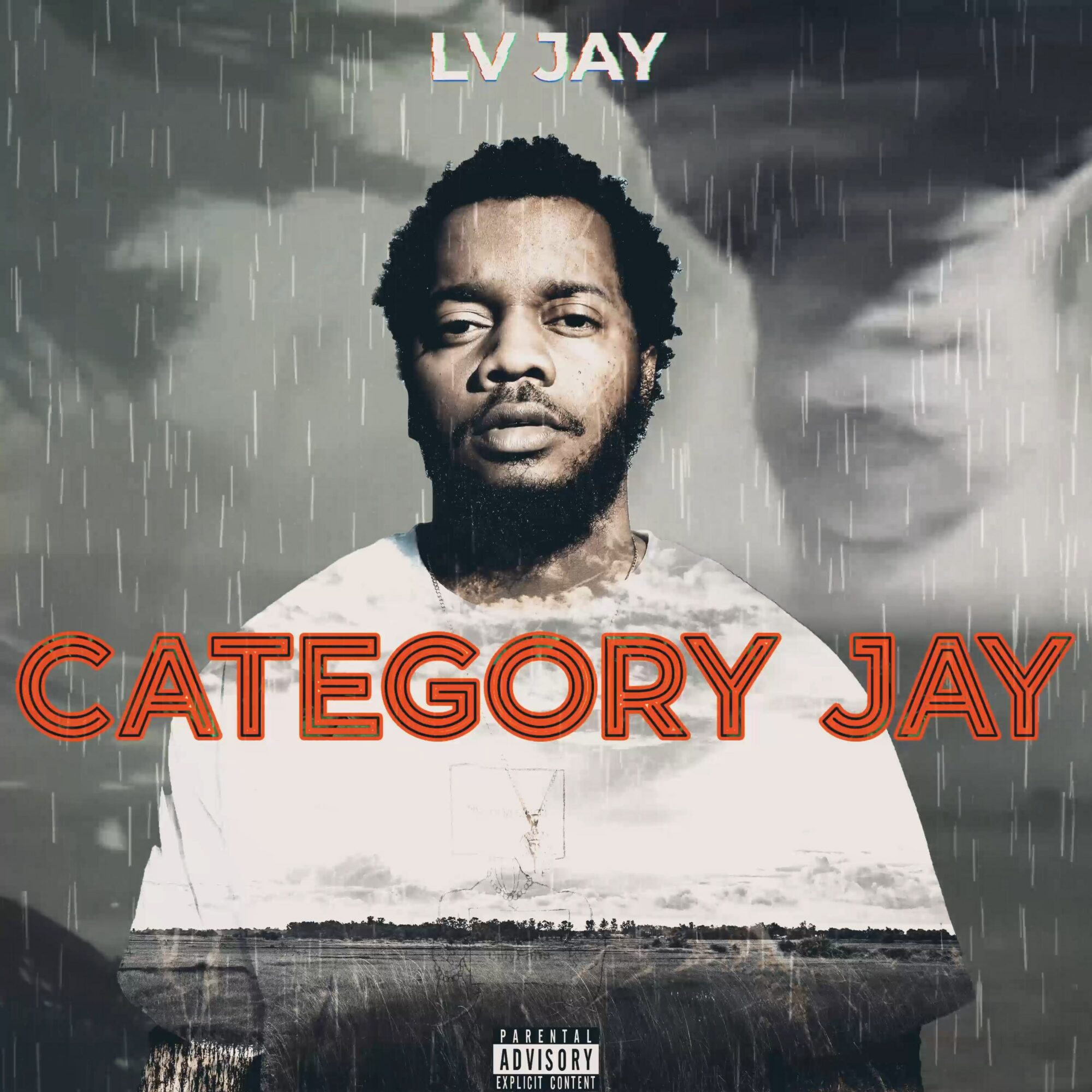 A person with a serious expression stands in rain with dark clouds background, text reads 'CATEGORY JAY' in red.