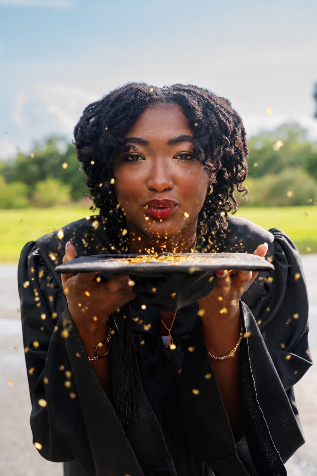Woman blowing glitter from a plate outdoors with trees and sky in background.