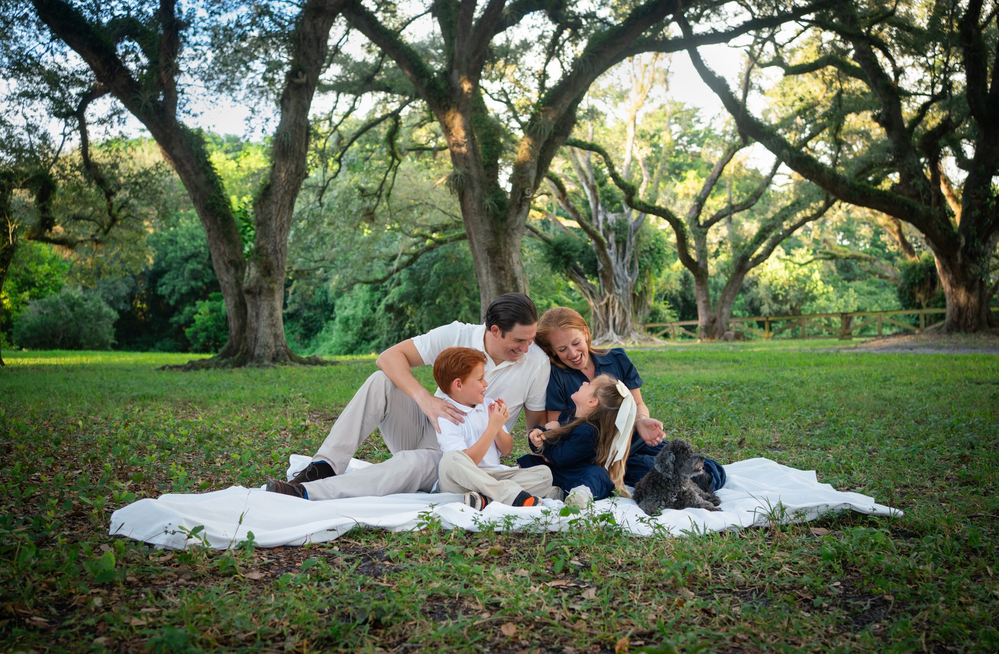 Family sitting on a blanket in a park with trees and green grass, playing with a dog.