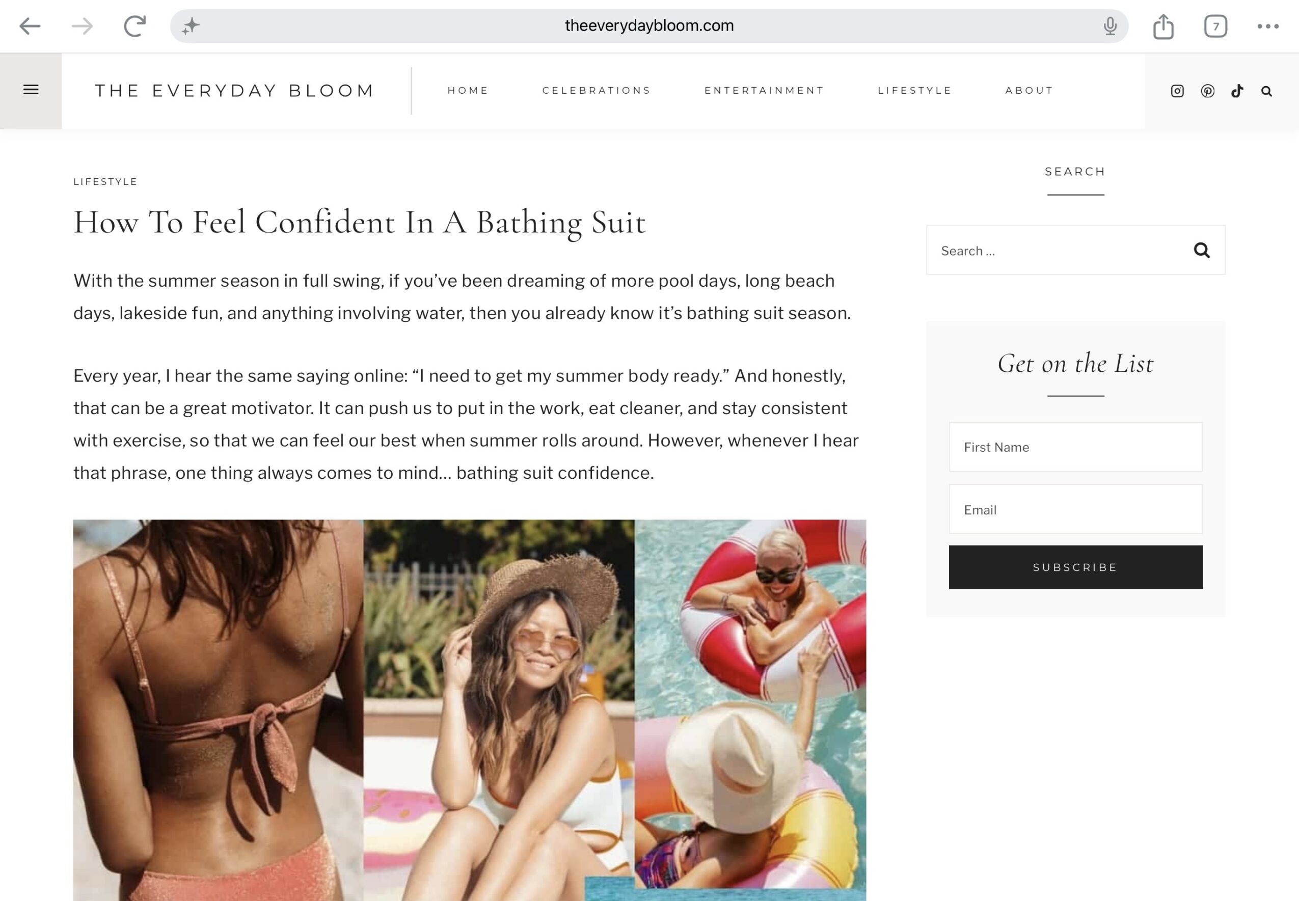 Webpage with text about confidence and bathing suit, featuring three women in swimsuits on a beach, smiling and relaxing.